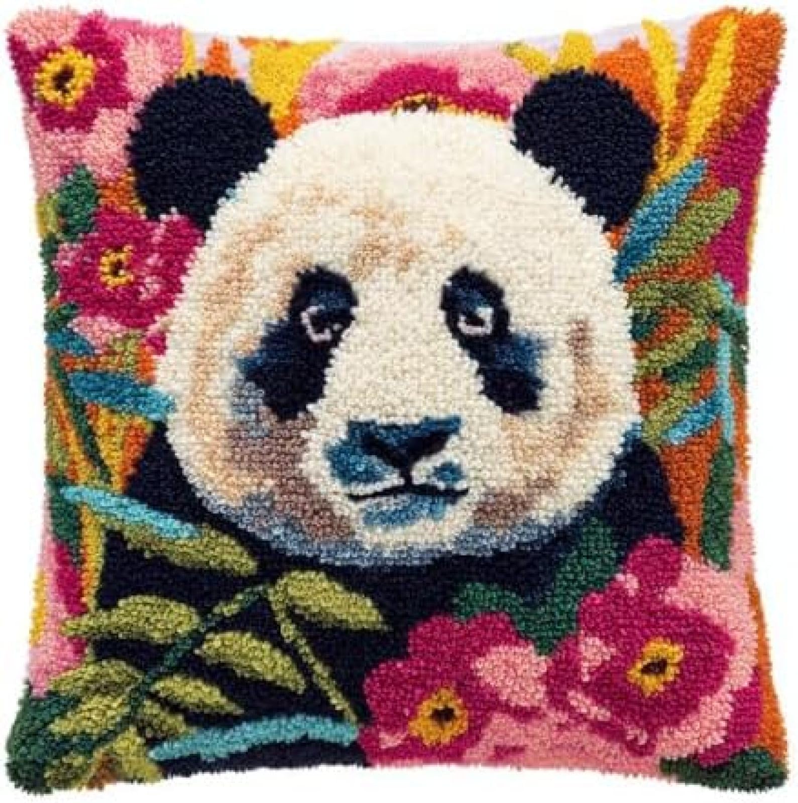 kitphoenix DIY Latch Hook Cushion Kit Panda Portrait in Flowers,Beginner-Friendly Rug Hooking Pillow Kit,Crochet Craft Cushion Cover for Home Decor,43x43 cm