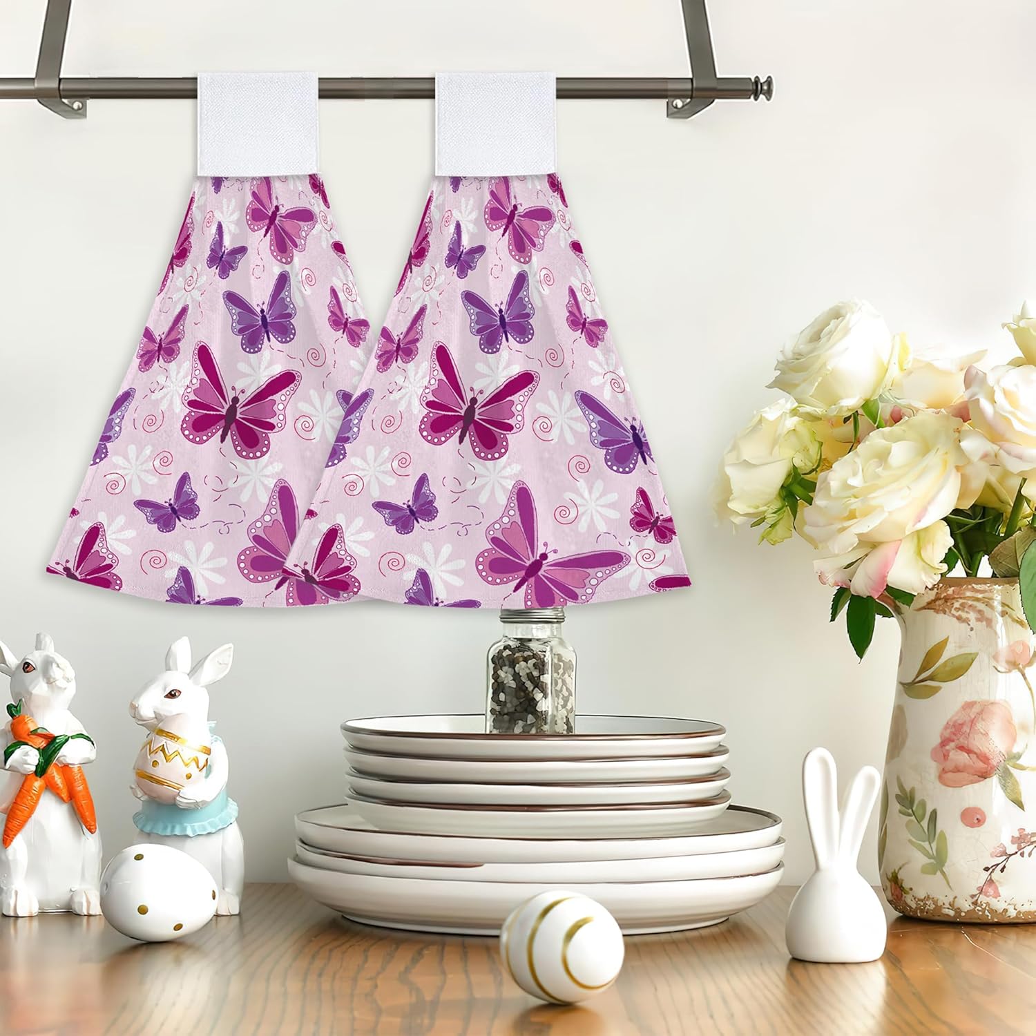 Pink Purple Butterfly Kitchen Hand Towels 2 Pieces Hand Towel Loop Dish Cloth Tie Towels Tea Bar Towels for Bathroom Farmhouse Housewarming Tabletop Home - Image 7