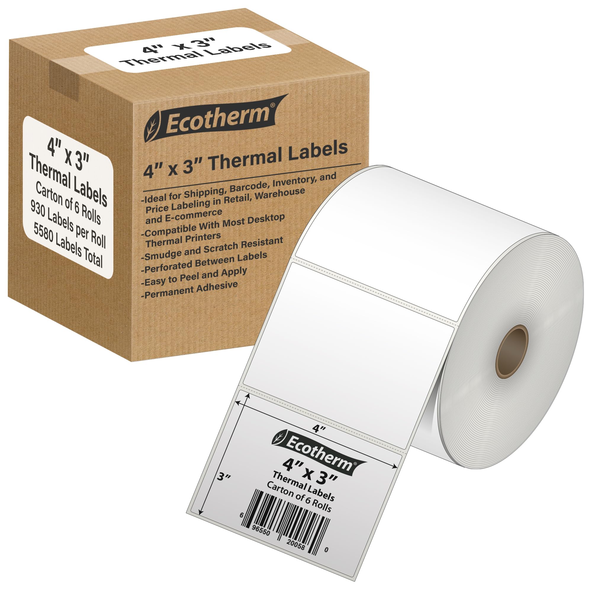 4 x 3 etiquetas adhesivas de papel térmico directo, 5580 etiquetas, 930 etiquetas por rollo, 6 rollos, para impresoras térmicas directas Datamax, Intermec, Sato, TSC, Zebra