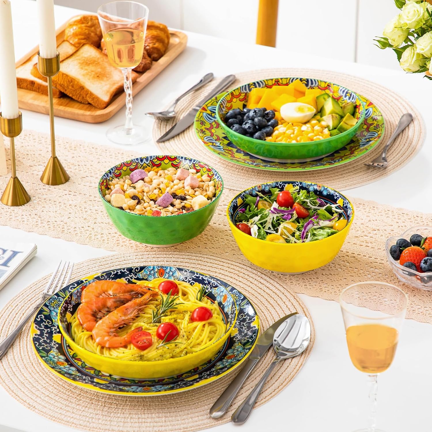 vancasso KRVI Boho Cereal Bowls Set of 6 and 32 Oz Pasta Bowls, Porcelain Large Colorful Salad Soup Bowls Set of 6