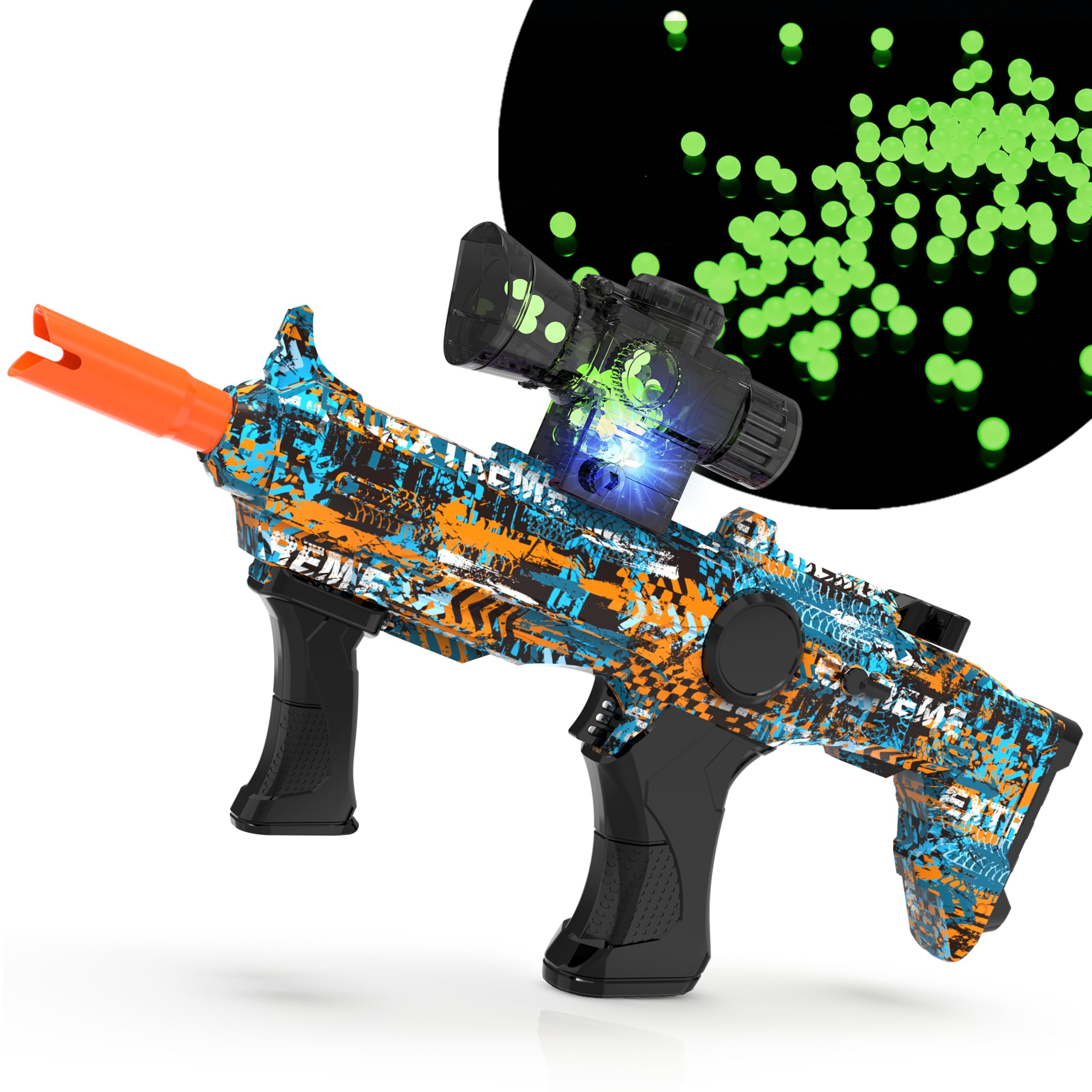 Large Gel Ball Blaster Gun Glow in The Dark, Manual and Automatic Splat Orby Gun, Fun Outside Toys Shooting Games for Backyard, Birthday Idea for Ages 14 and Up, Blue Mix Color