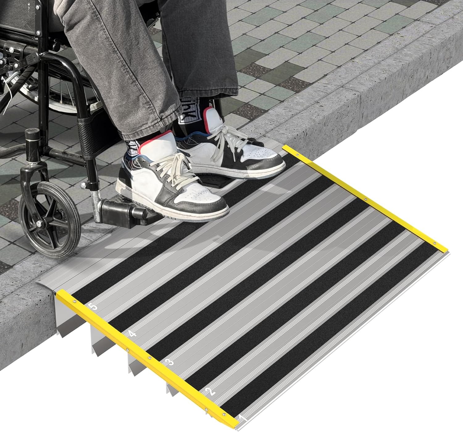 5" Rise Door Threshold Ramps for Doorways, Stable Yellow Edge, Aluminum Wheelchair Ramp for Home Steps, Adjustable Modular Entry Ramp for Scooters, Power Chairs, 880LBS Load Capacity 5"-Rise