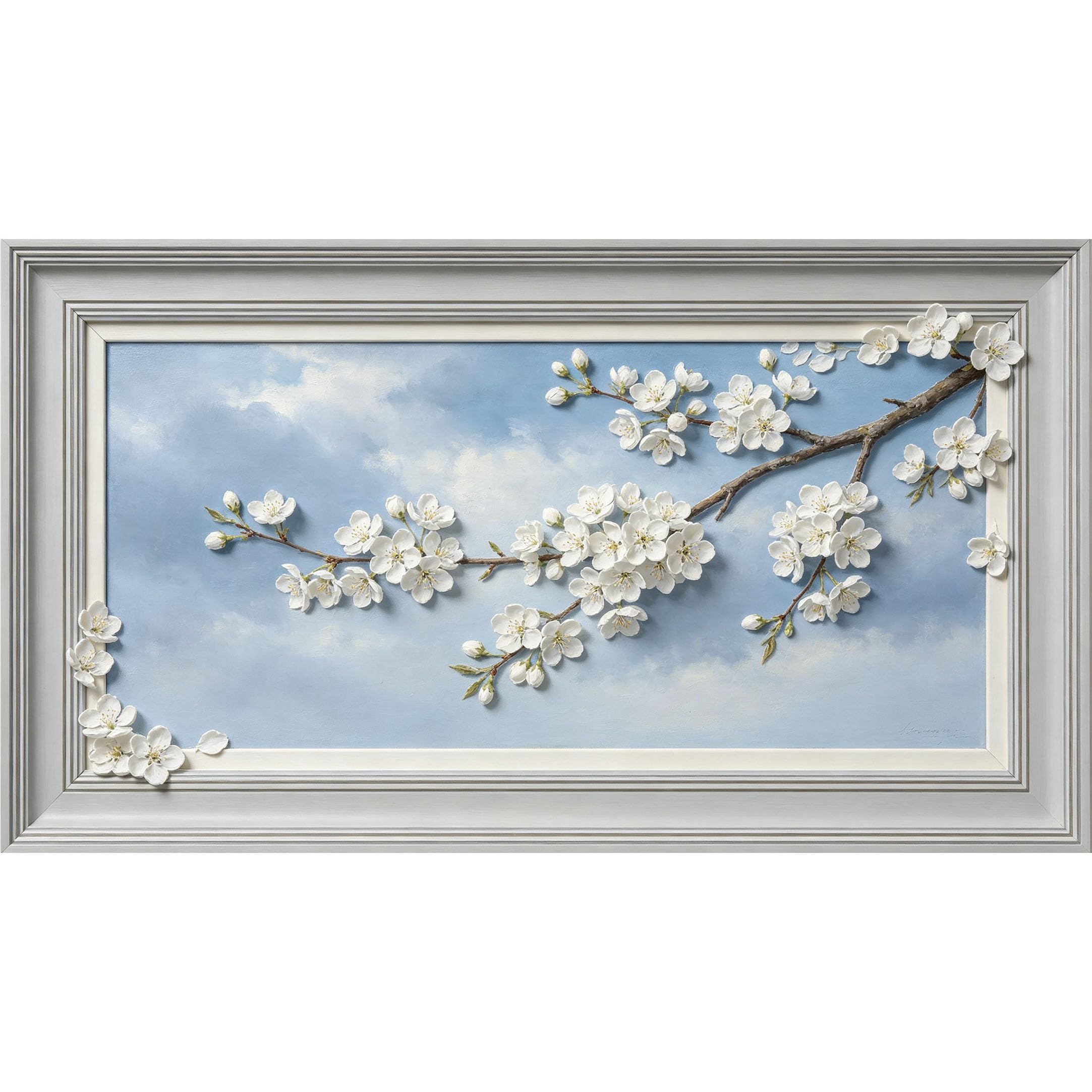 QZLITHOTIC 50x90cm3D Framed Wall Art， White Cherry Blossom Branch Sky Botanical Self‑Adhesive Mural， Water‑Activated Peel & Stick Fabric Decor Wall Decal for Bedroom Living Room