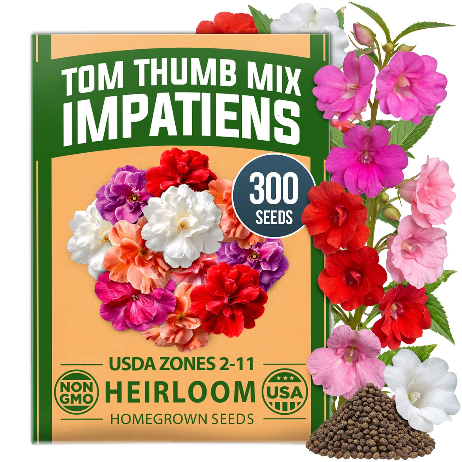 HOME GROWN Impatiens Seeds, Tom Thumb Mix, 300 Seeds, Impatiens balsamina