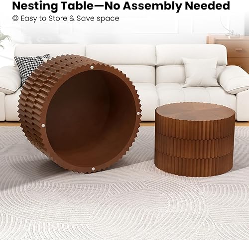 Miniatura 7 de Juego de 2 mesas auxiliares redondas estriadas con diseño en relieve, mesa auxiliar moderna de mediados de siglo, mesa auxiliar circular minimalista