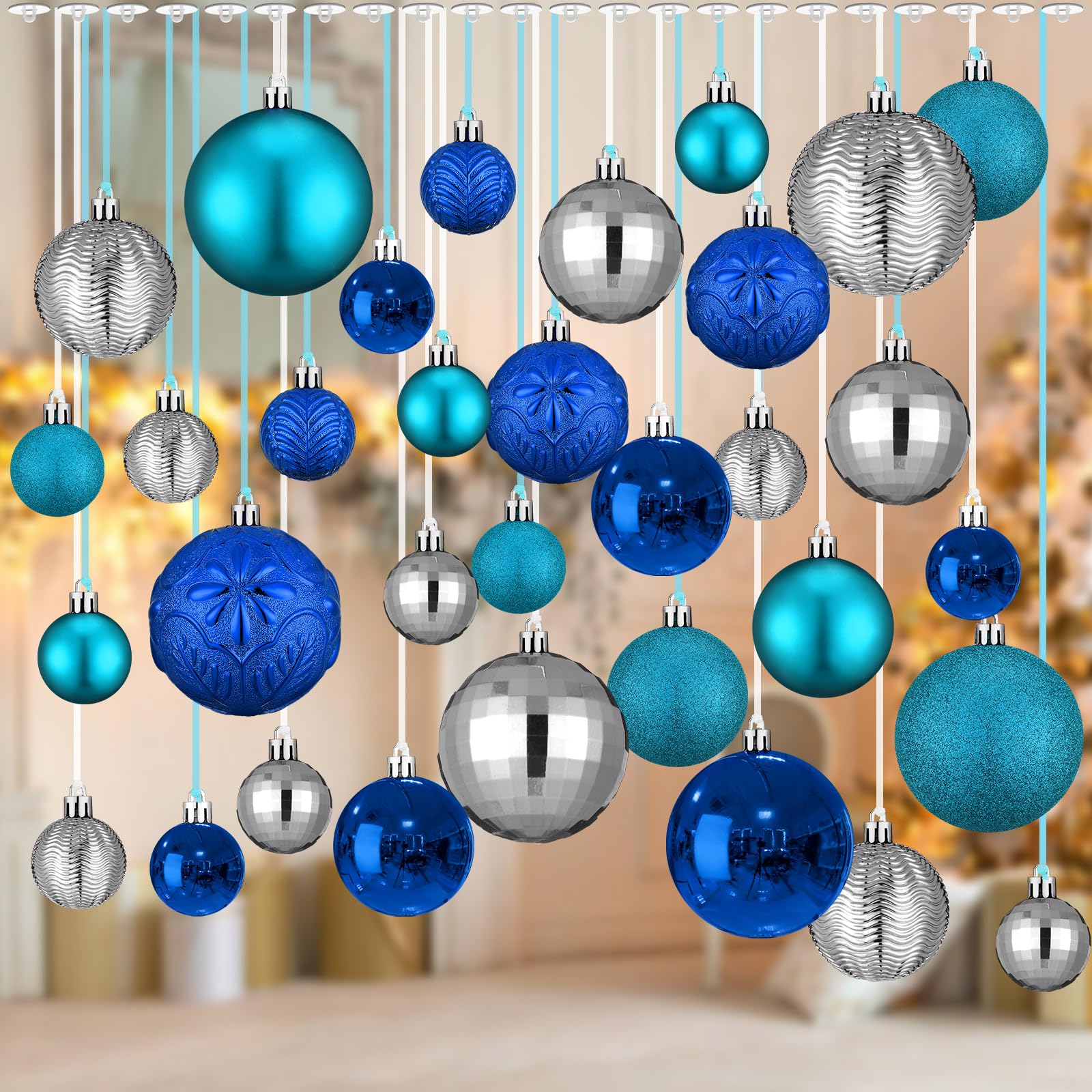 Lot de 36 boules de Noël incassables à suspendre pour sapin de Noël, décorations d'intérieur (bleu lac, bleu marine, argent)