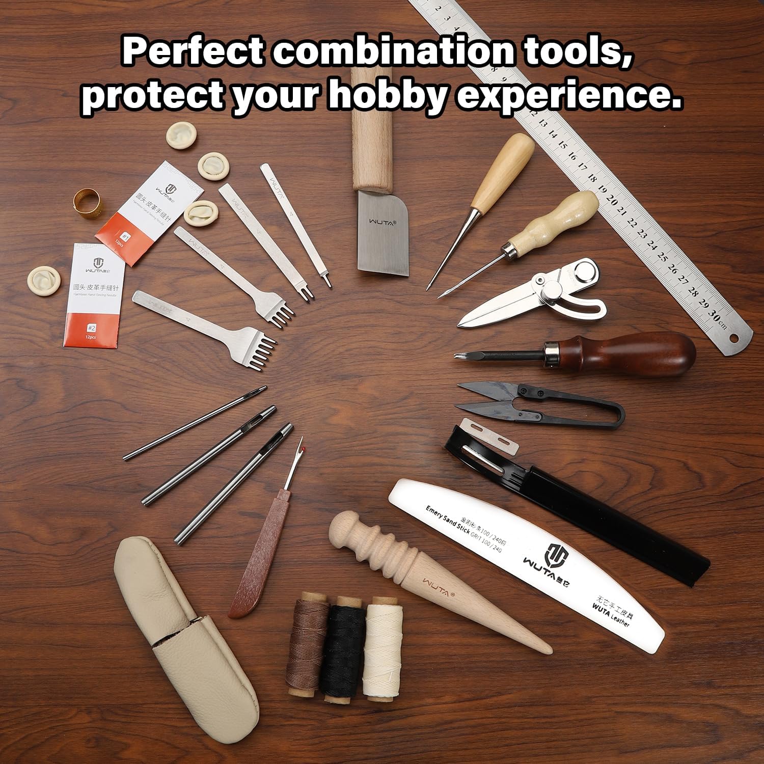 WUTA Leather Craft Tools Kit, Complete Leather Working Supplies with Cutting Knife, Edge Beveler, Stitching Kit, Thonging Knife, and DIY Patterns, Storage Roll for Beginners & Professionals (63pc set)