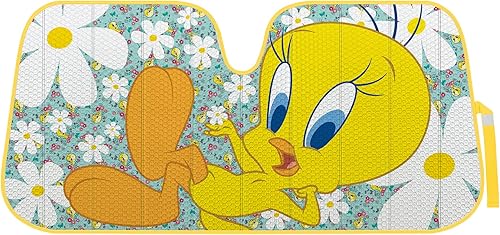 BDK Warner Bros Looney Tunes Tweety Bird - Parasol plegable de acordeón con bloqueo UV doble burbuja de 58 x 27 pulgadas, accesorios de automóvil,