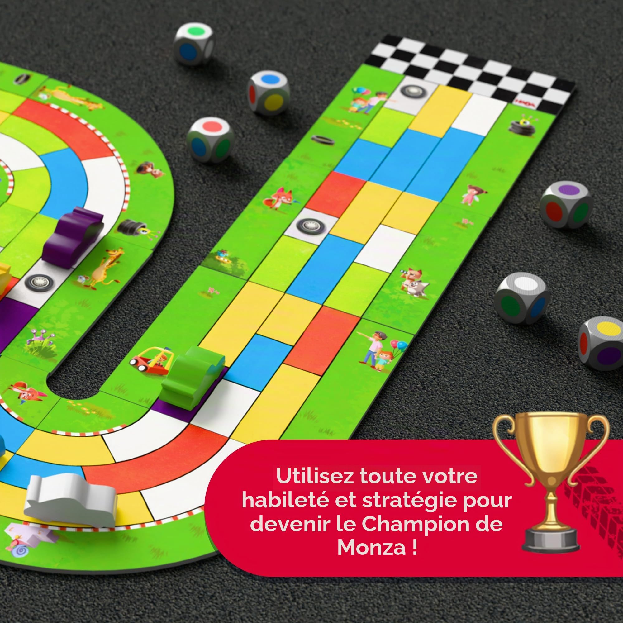 HABA Monza - 2012226001 - Jeu de Société Rapide - Jeu de Course Automatique pour Enfants à partir de 5 ans - Avec 6 Voitures en Bois Colorées & Dés Colorés
