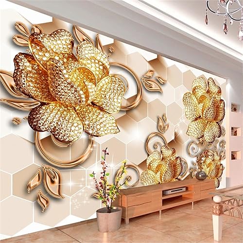 Papel mural de flores en relieve dorado, papel tapiz geométrico europeo con fondo 3D, resistente al desgarro, resistente al desgaste, apto para