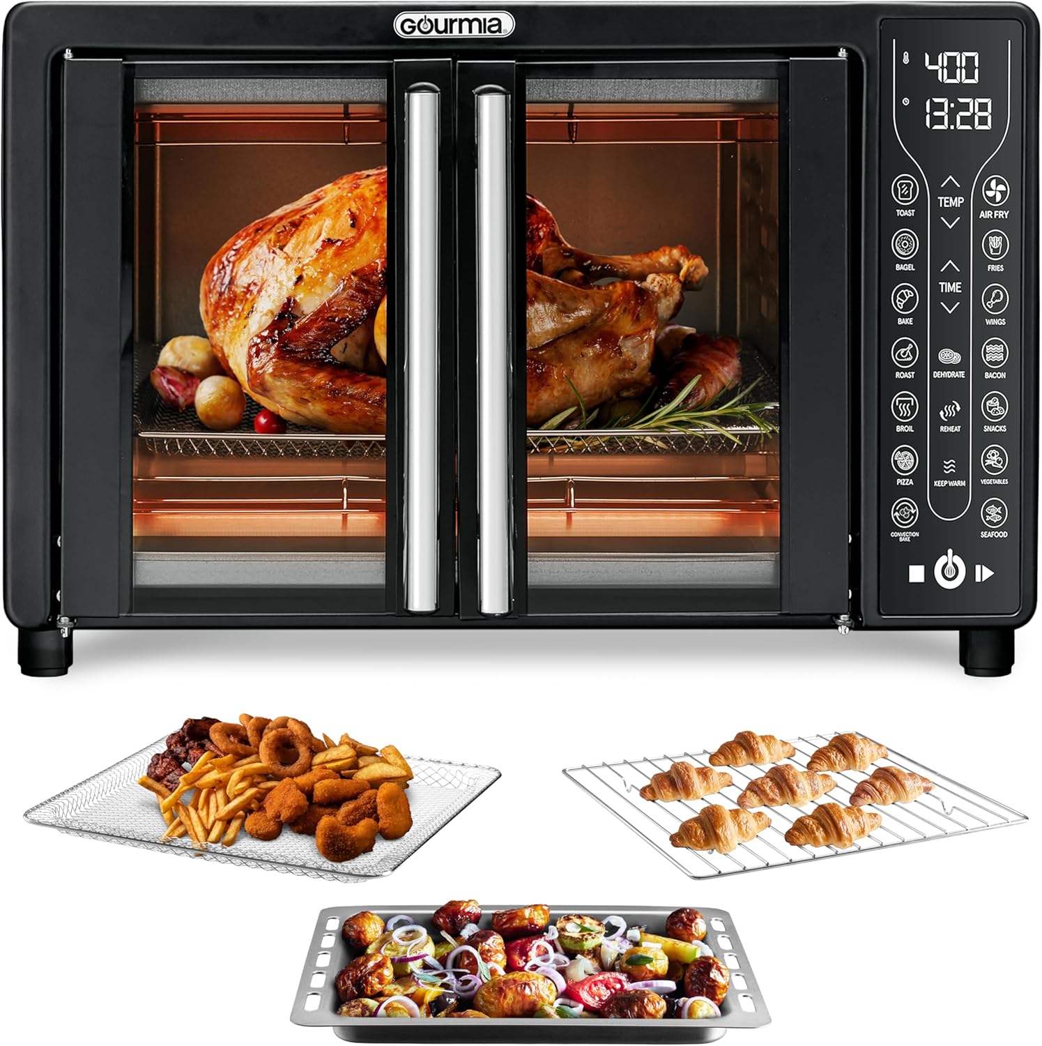 Gourmia Toaster Oven Air Fryer Combo 17 cooking presets 1700W french door digital air fryer oven 24L capacity accessories, convection rack, baking pan tray recipe book GTF7460,Large,Black - Thumbnail 2