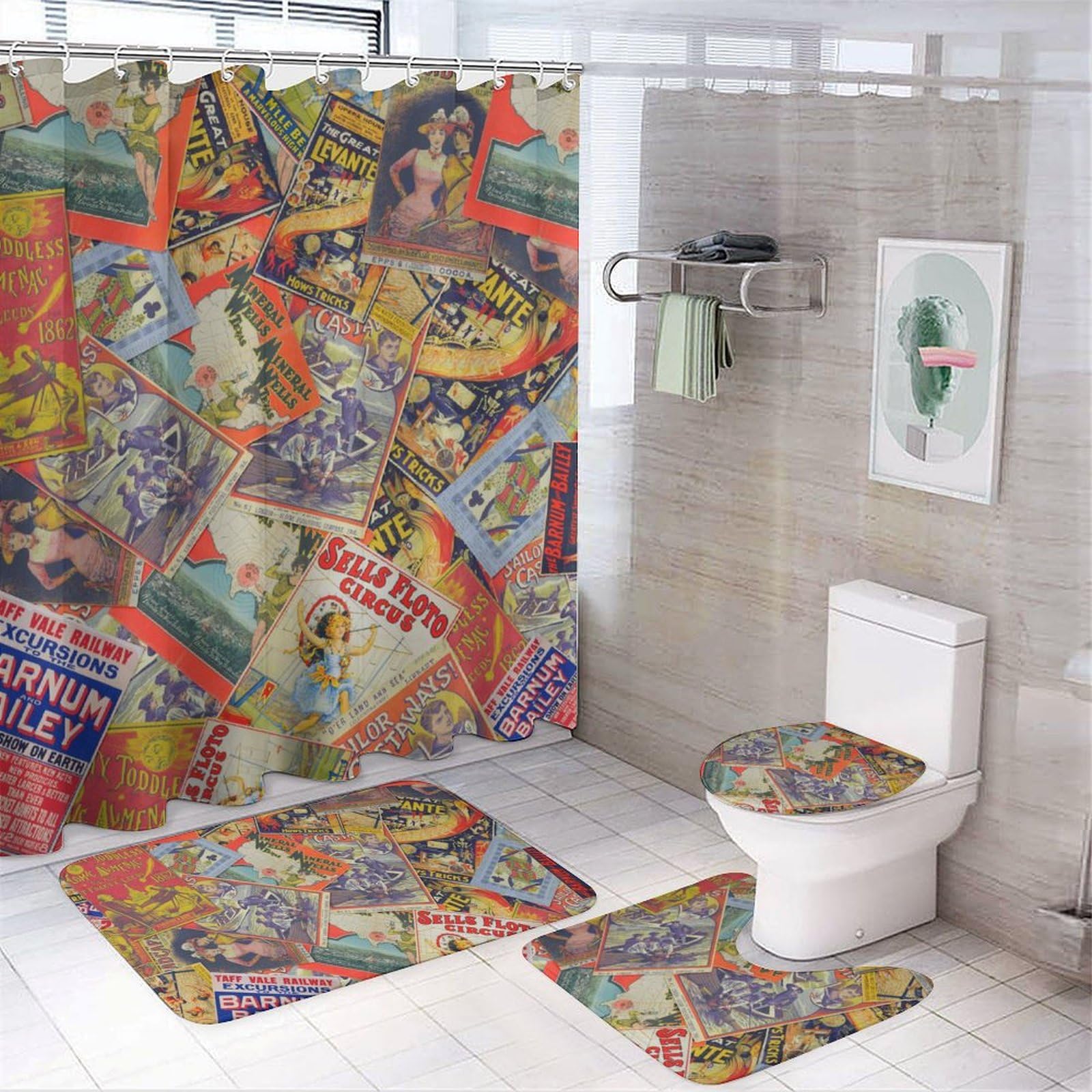 Rideau de douche style poster américain et tapis pour transformer votre salle de bain vintage