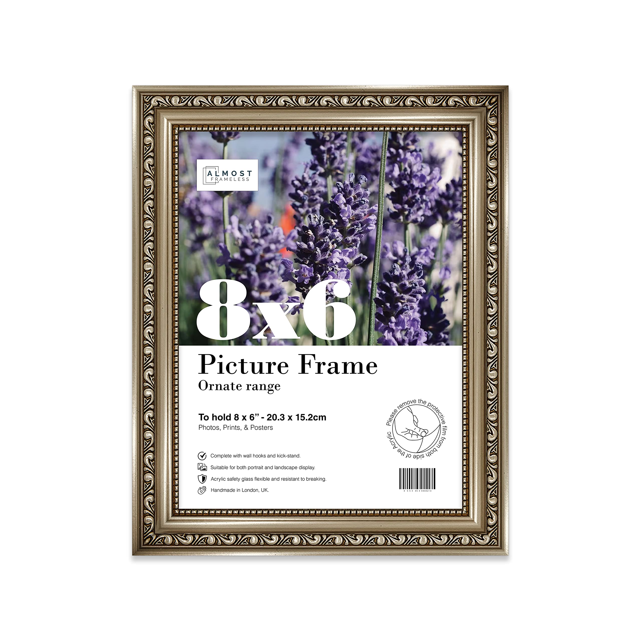 Almost Frameless 8x6 Gunmetal Ornate Picture Frame 8"x6"(20.3x15.2cm) Poster, Photo, Artwork, or Print. Antique Style Portrait and Landscape Display with Wall Hooks