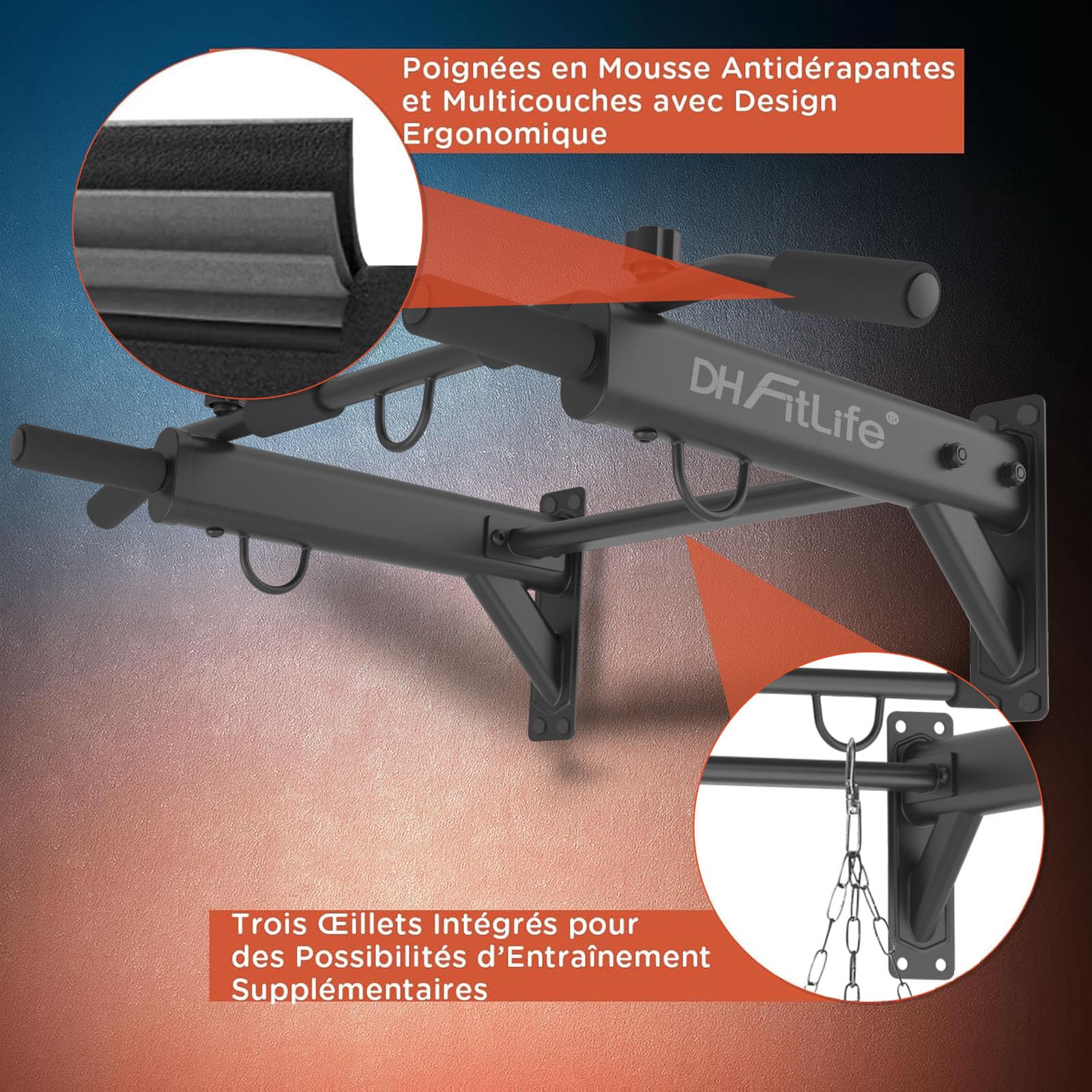 DH FitLife Barre de Traction 4 en 1 pour Montage Mural, Charge jusqu'à 200kg | Chevilles d'Expansion | Poignées Antidérapantes | Compatible avec Sac de Frappe & Entraîneur de Sangles