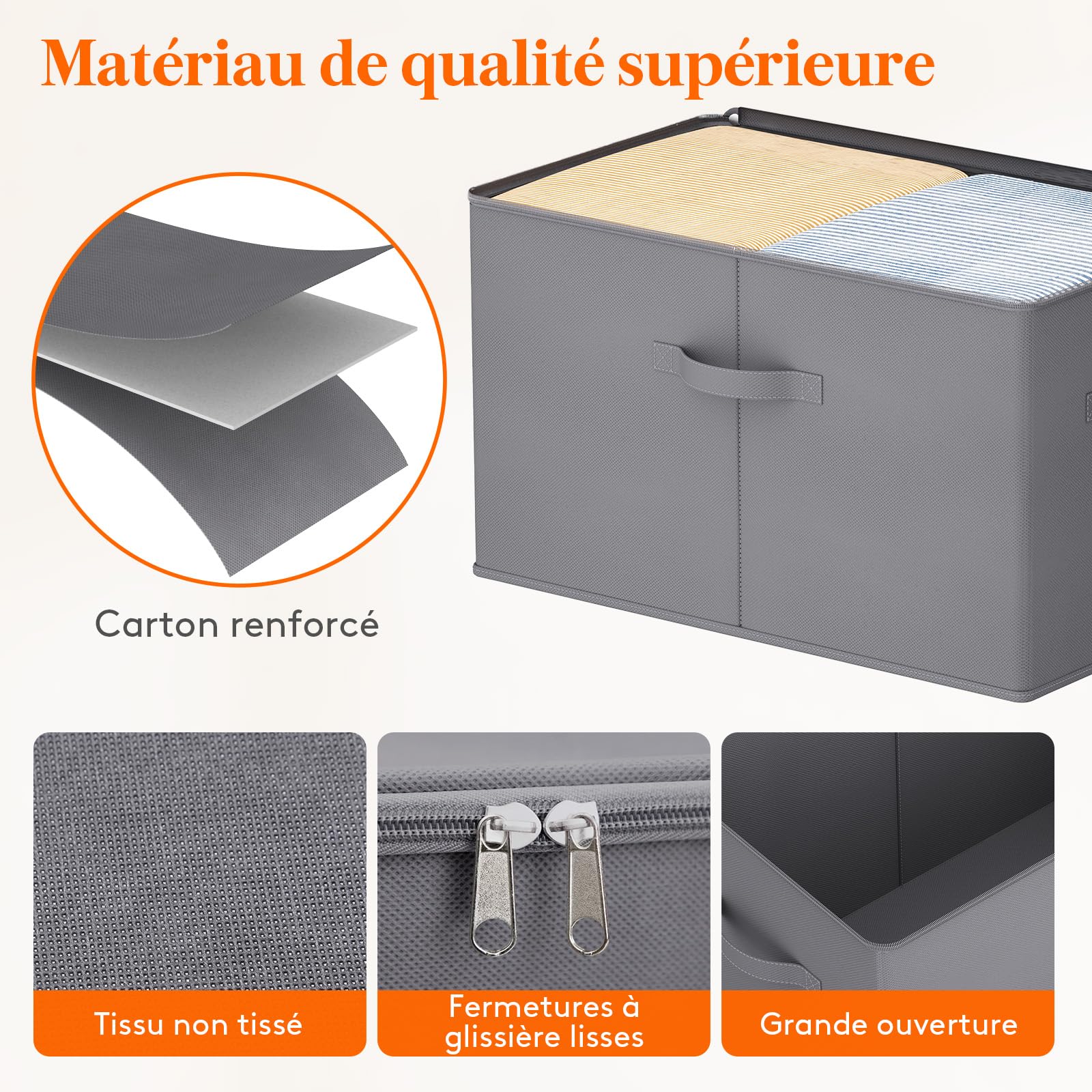 Lifewit Boite Rangement Vetement Tissu, Caisse avec Couvercle, Sac Rangement Dressing Armoire avec Fermeture éclair, Organisateur Placard pour Couverture, Jouet, Gris, 56 x 32 x 33 cm, 60L, Lot de 3