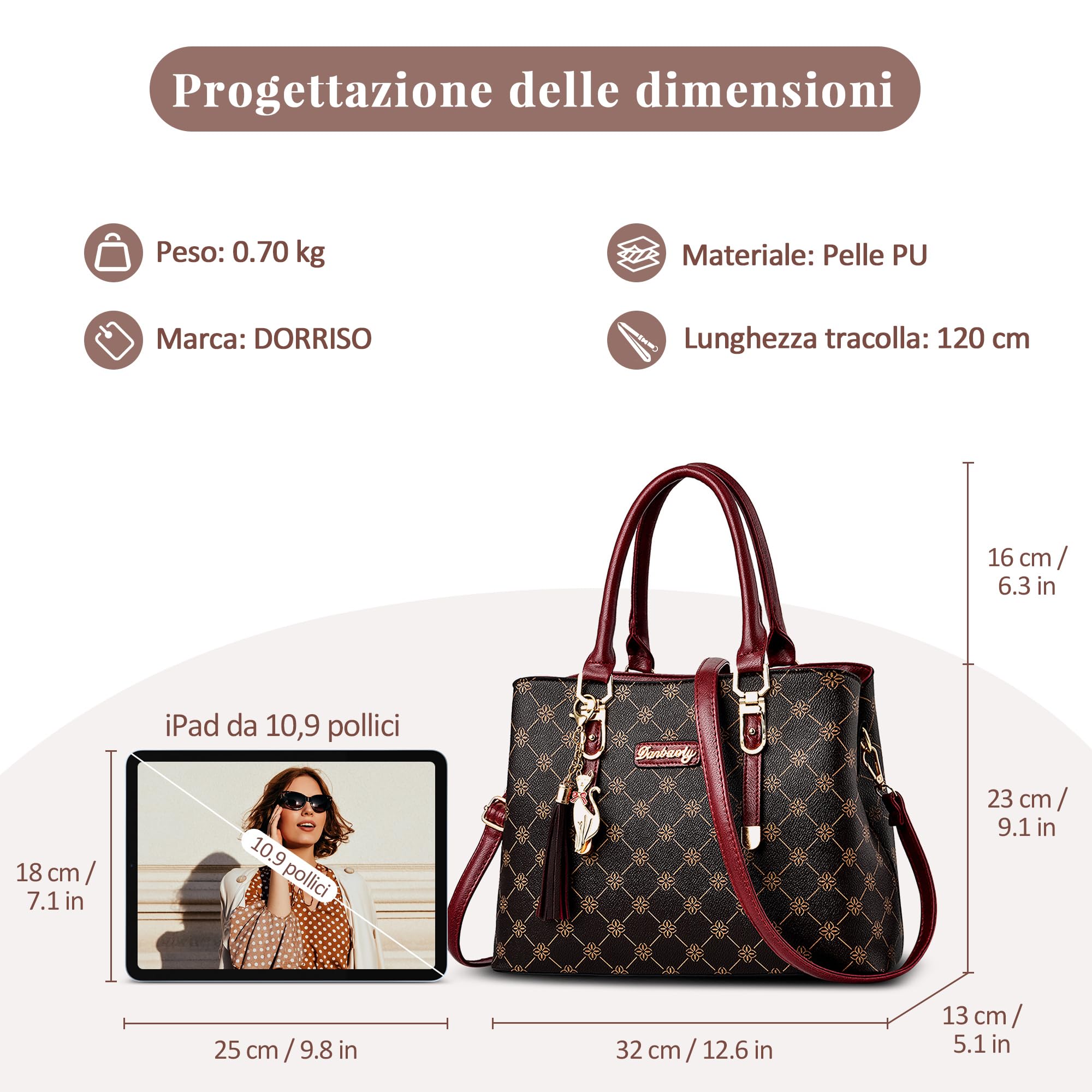 Borsa Donna in PU, Borsa a Mano Elegante Grande Capienza con Tracolla Rimovibile e Motivo Fashion, Borsa per Lavoro, Shopping, Viaggio e Uso Quotidiano Rosso
