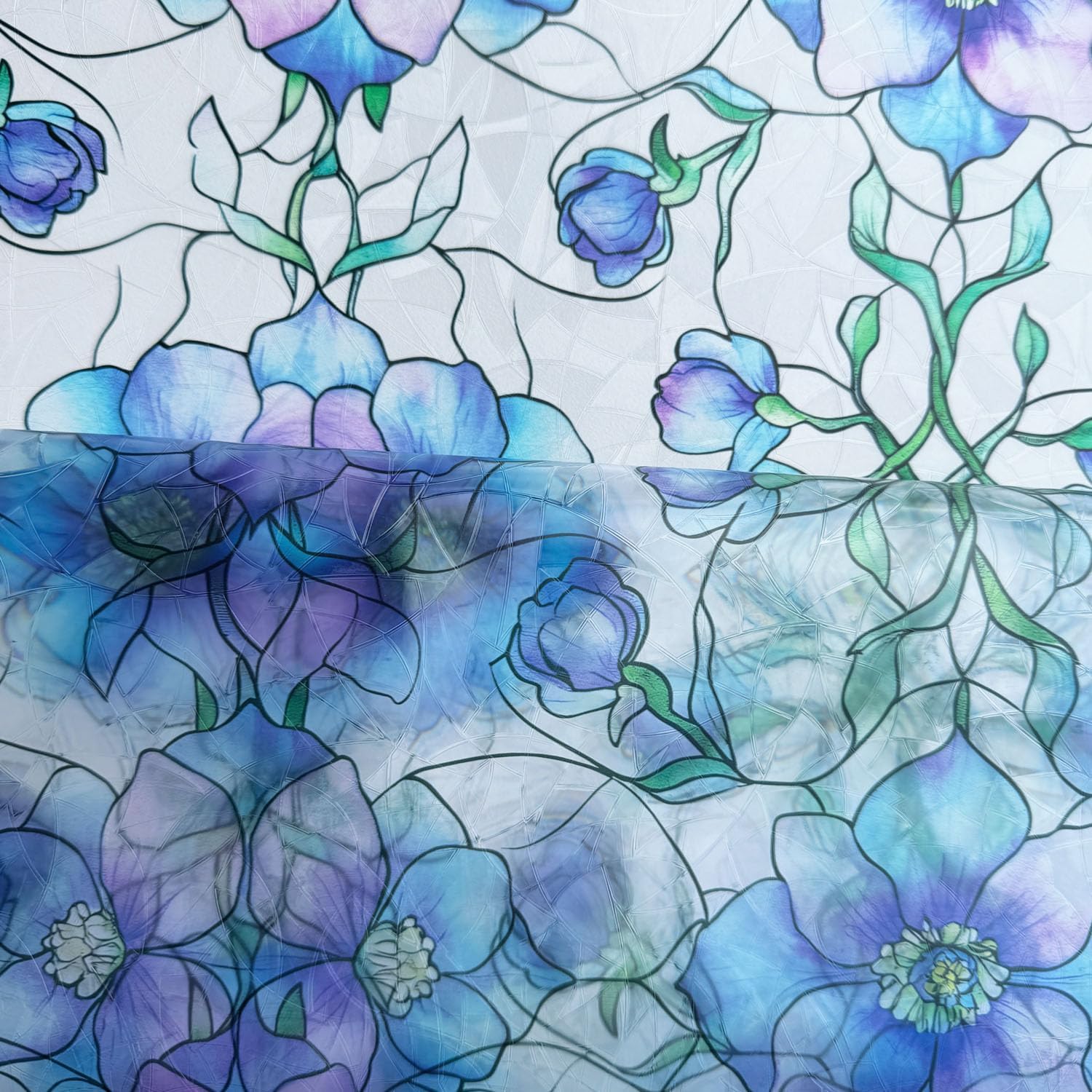 Etched Window Privacy Film Blue Purple Floral Sliding Glass Door Tint No Glue Static Cling Decals 3D Rainbow Decorative Covers Iridescent Anti UV Removal DIY Home Office,35X78.7in.