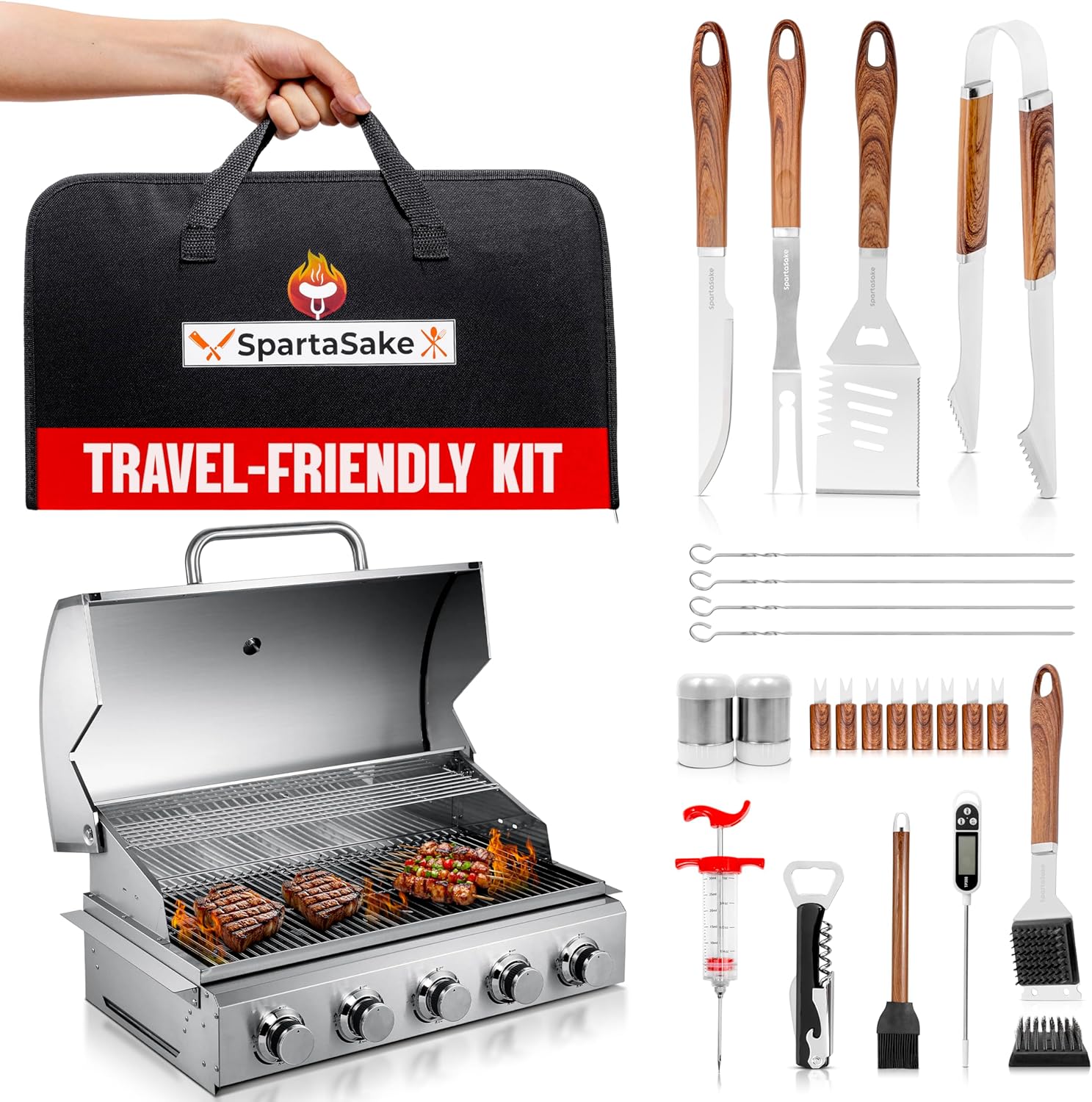 SpartaSake (24-Pack) Premium Stainless Steel BBQ Grilling Accessories with Wood Handles - Barbecue Gill Accessories Set for Blackstone Griddle - Outdoor Camping Grill Set for BBQ for Dad Men Women