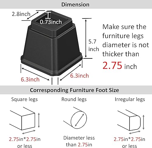 Miniatura 4 de Elevadores de cama resistentes de 5 pulgadas, juego de 6 elevadores de hasta 3,000 libras, elevadores de muebles para sofá y mesa, color negro
