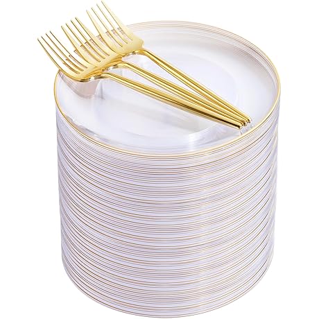 Rubtlamp 200Pcs Dessert Plates Plastic Gold Forks Set