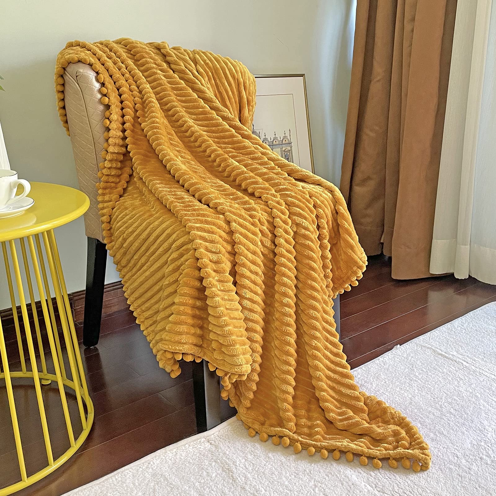 DISSA Flannel Blanket with Pompom Fringe, Lightweight Plush Fleece Blanket with Strip, Cozy Throw Blanket, Soft Fluffy Cou...