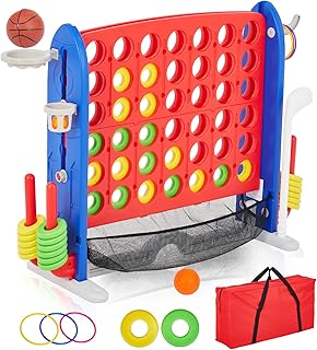 Giant 4-to-Score Game Set, 3-Level Height Adjustable Jumbo 4-in-a-Row Game with Quick-Release Slider, Mini Basketball, Golf & Ring Toss Set for Family Party, Outdoor & Indoor