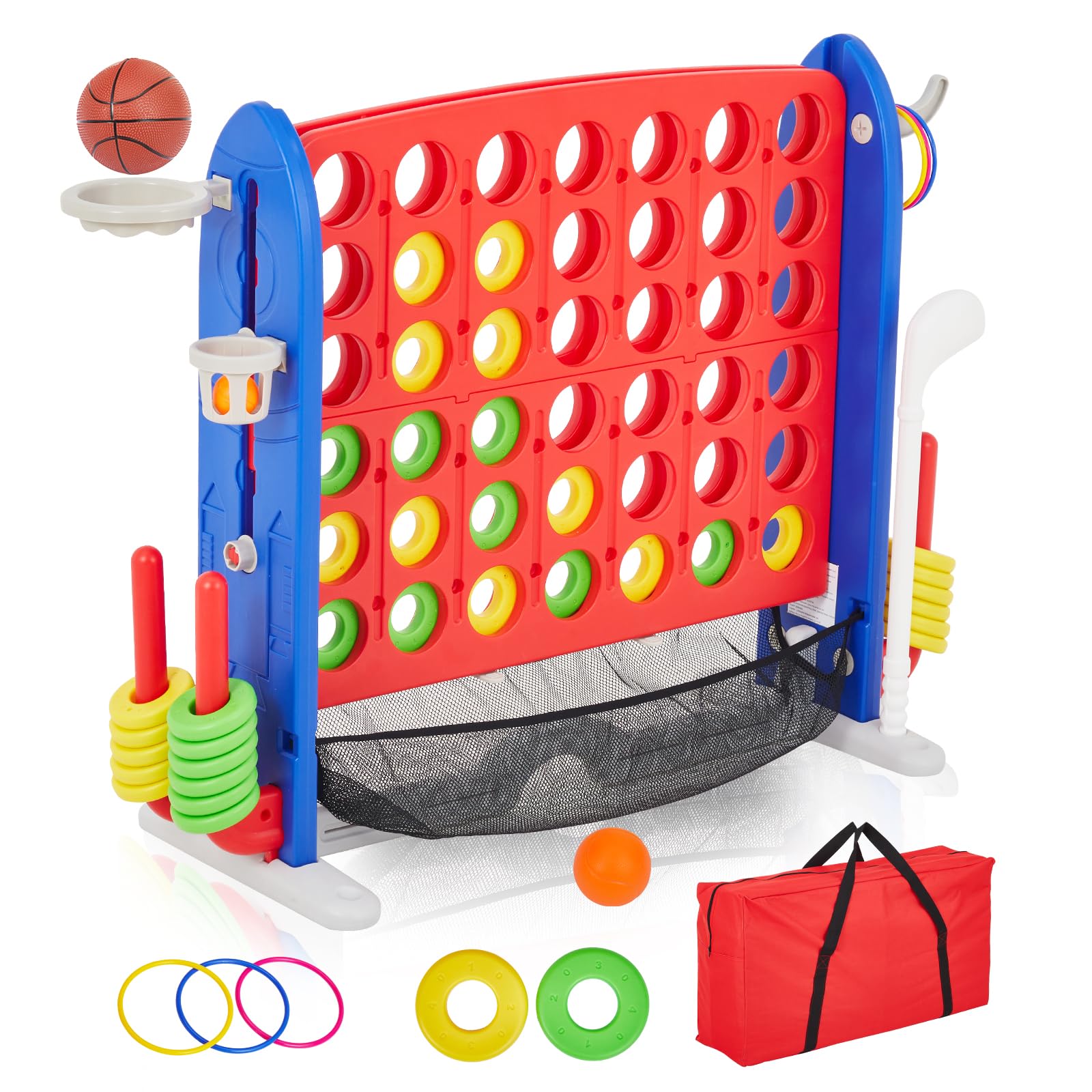 Giant 4-in-1 Connect Game Set | Jumbo 4 to Score Game with Basketball, Golf & Ring Toss | 3-Level Adjustable Height Outdoor Yard Game for Kids &