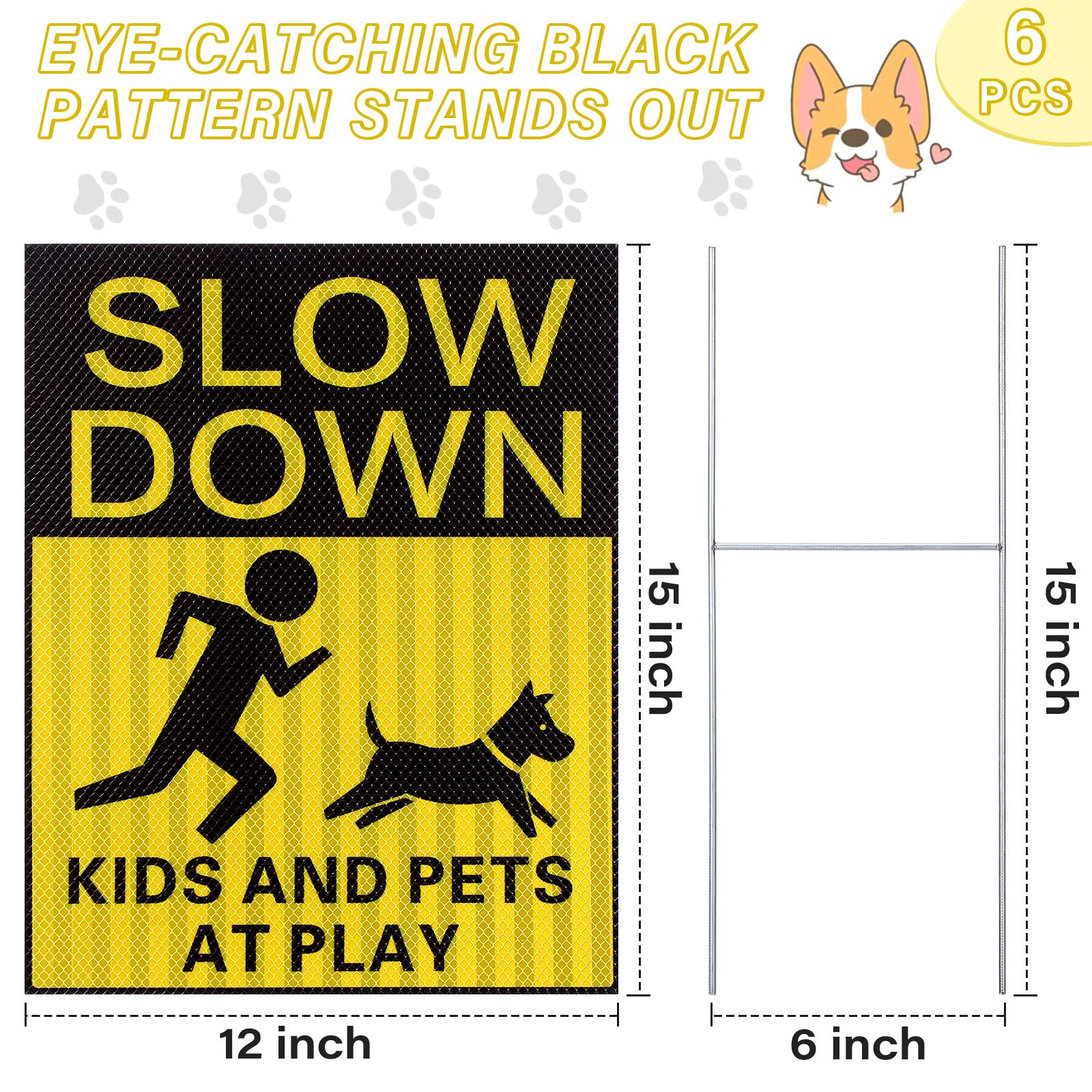 6 Pcs Reflective Kids and Pets at Play Safety Signs with Metal Stake 15 x 12 Inch Double Sided Slow Down Caution Warning for Street Lawn Neighborhoods Children Playing Yard Road Visual Signal (Yellow)