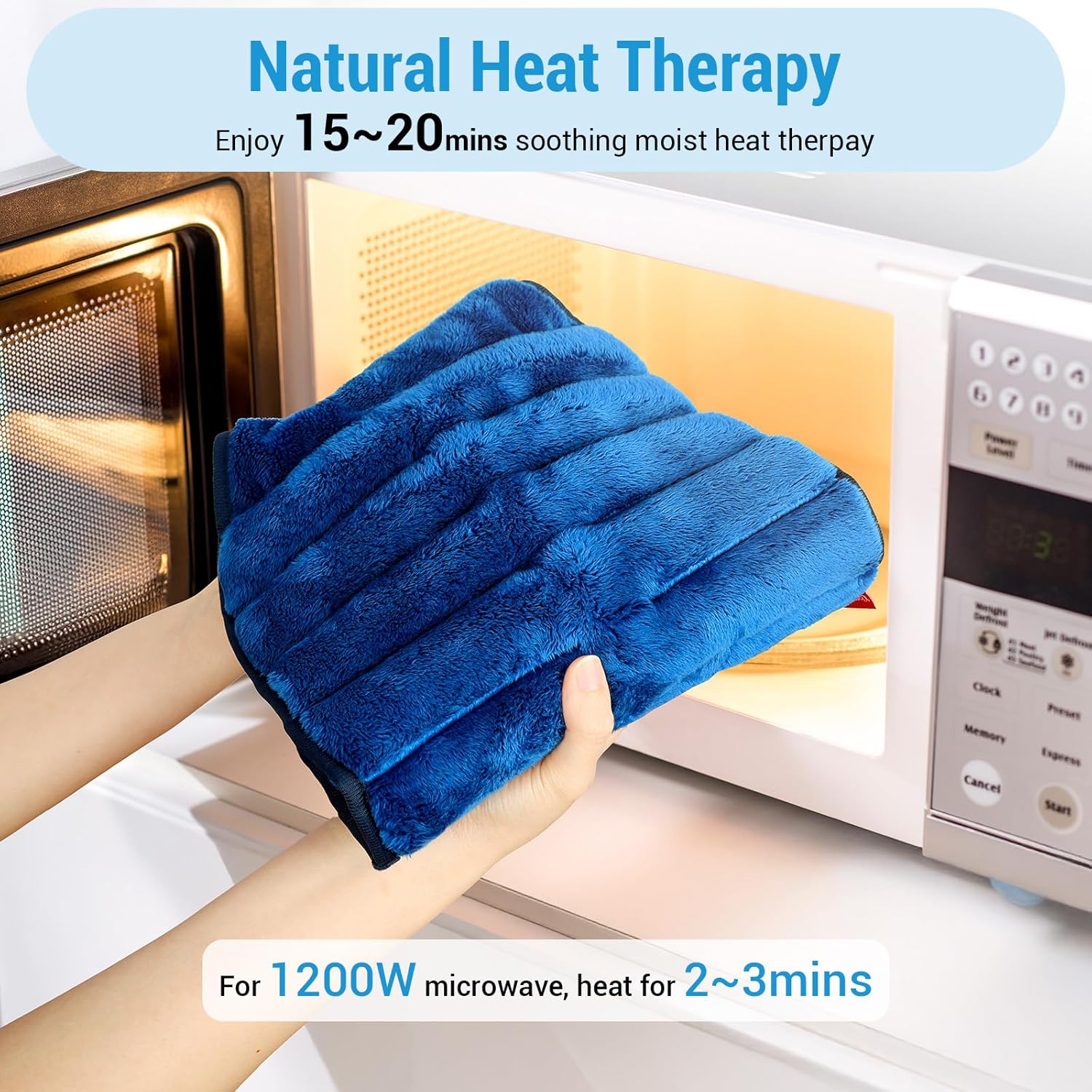 Hands placing the Comfytemp heating pad into a microwave