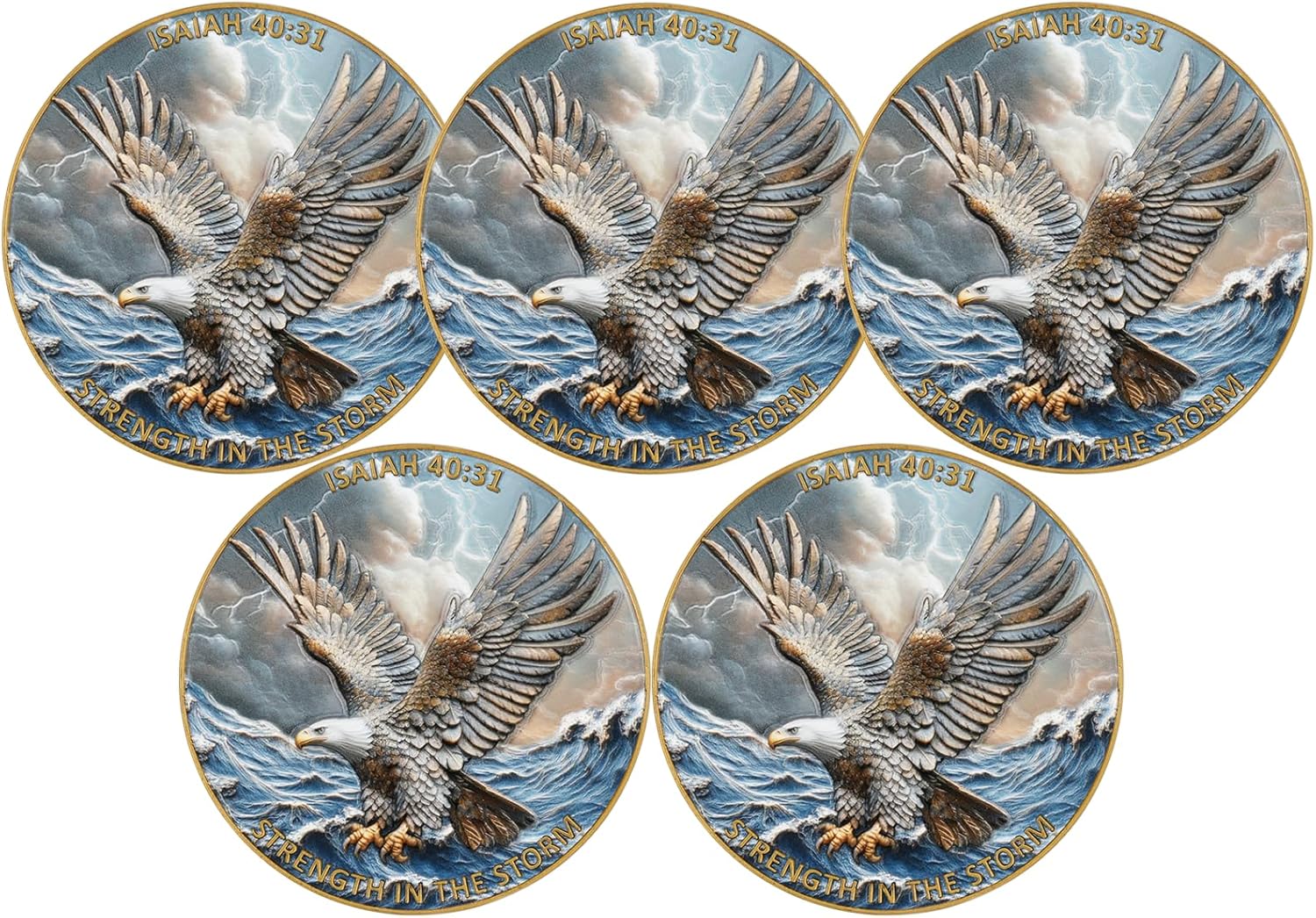 5Pcs 1.57 Inch Zinc Alloy Double-Sided 3D Eagle Challenge Coin - Inspirational Design with Isaiah 40:31 Engraving, Strength in The Storm Theme(Pack of 5)