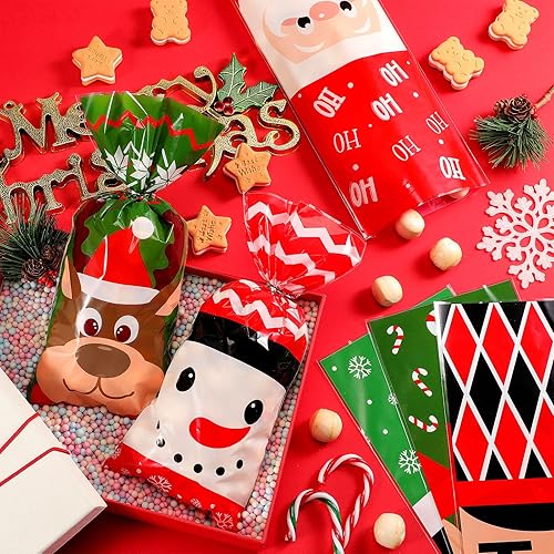 Miniatura 4 de Blulu 180 bolsas de plástico de celofán de caramelo de Navidad con 200 lazos dorados y plateados para Navidad, Papá Noel, galletas, regalos de
