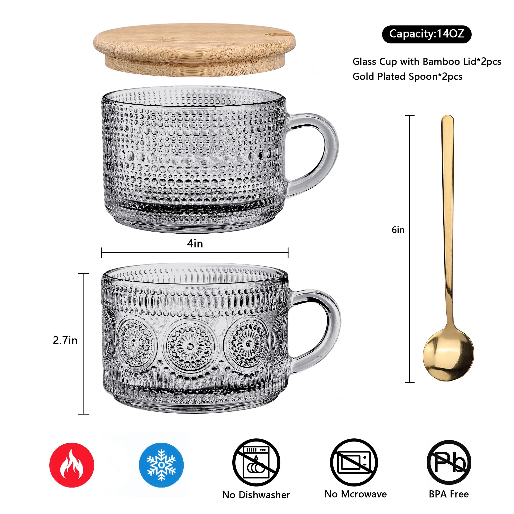 Set di 4 tazze da caffè vintage in vetro trasparente goffrato, con coperchi e cucchiai in bambù, perfette per cappuccino, latte, avena notturna, cereali e yogurt