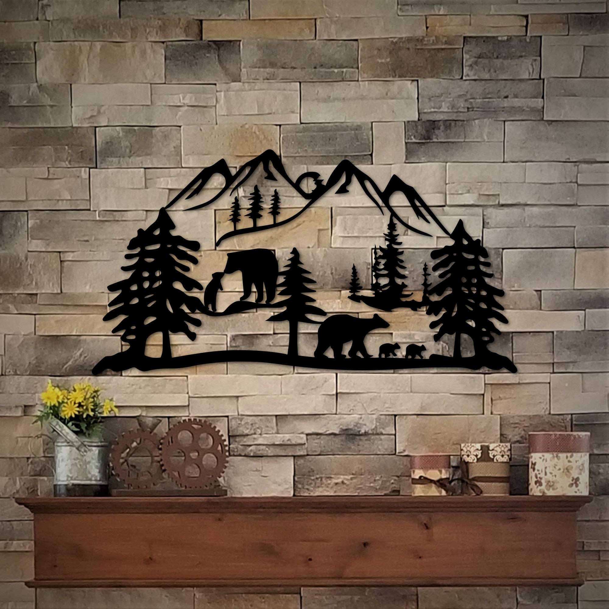 DKISEE Bear Decor Metal Wall Art - Bears and Bear Cubs Wildlife Art Rustic Decor - Mountain Cabin Decor - Bathroom Light Bear Lake House Cutout - 24 Inch Black Metal Wall Art - SRD1436