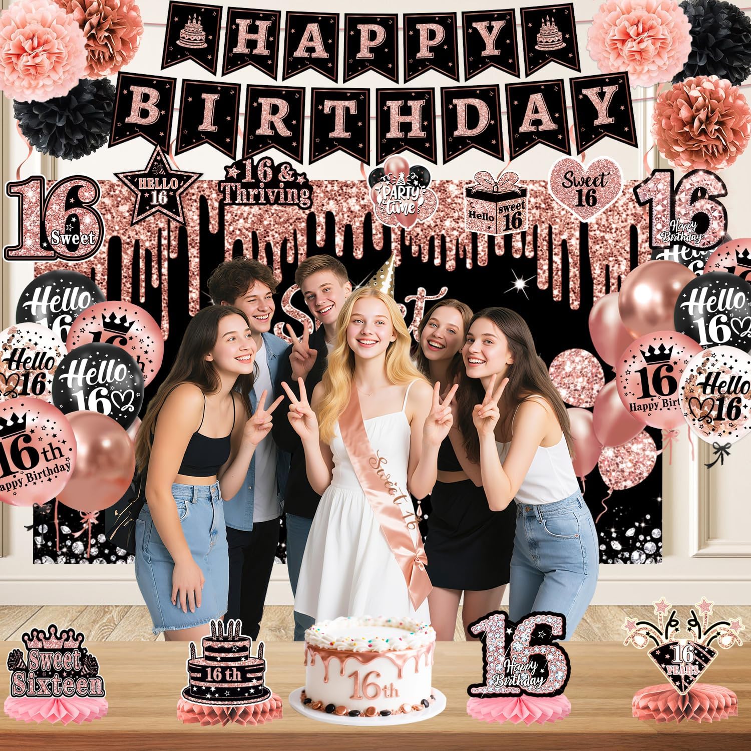 Sweet 16 Party Decorations – 16th Birthday Decorations Backdrop, Banner, Honeycomb Centerpieces, Hanging Swirls, Foil & Latex Balloon, Cake & Cupcake Toppers, Sash, Pom Poms image 5