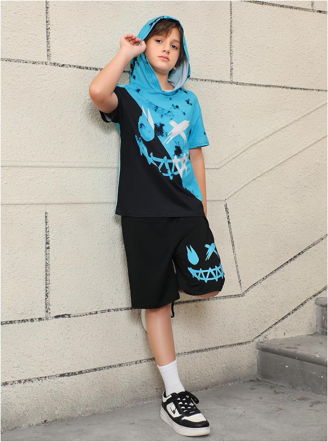 WDIRARA Boy's Two Piece Graphic Print Hooded Neck Tops and Track Shorts Clothing Set - Image 5