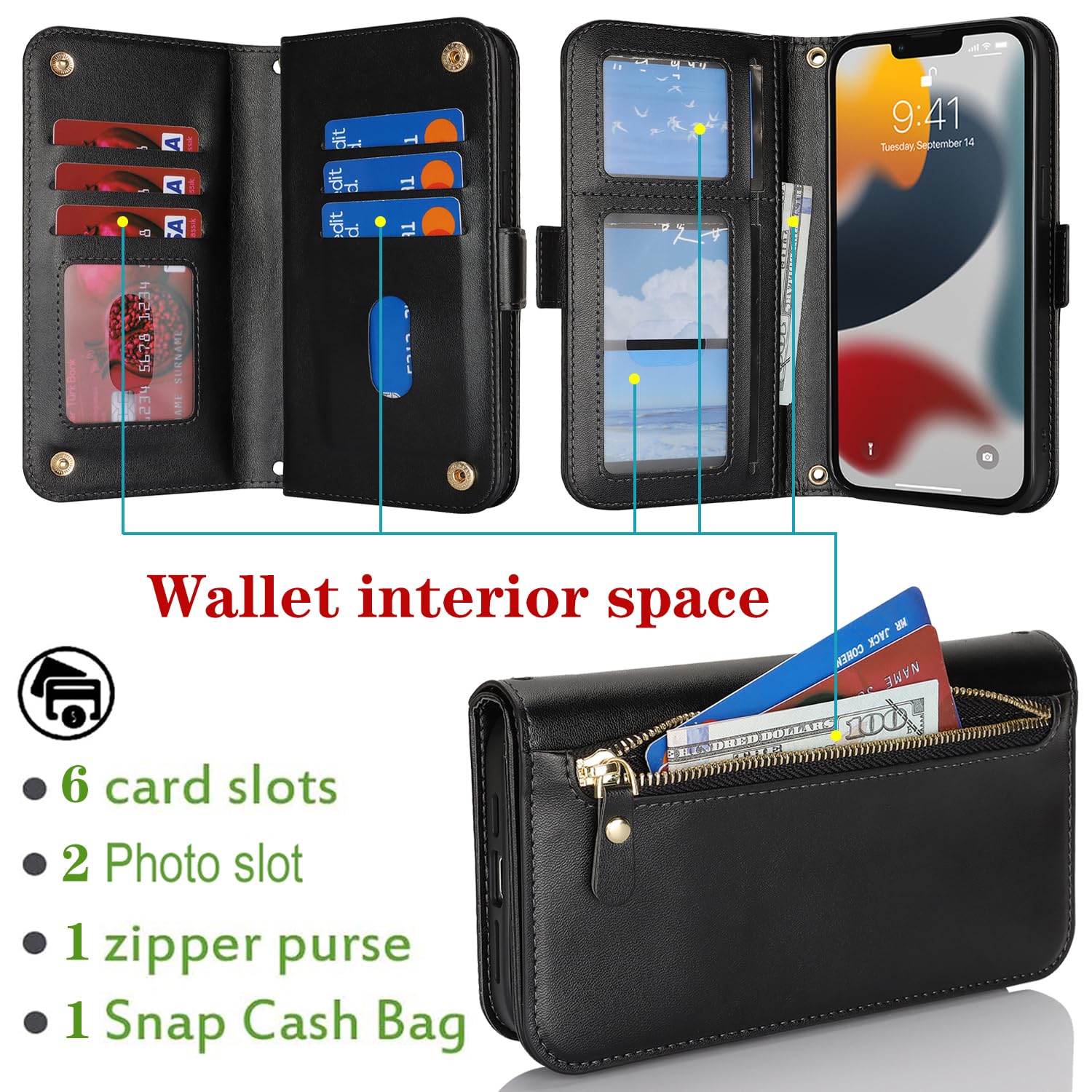 SailorTech for iPhone 13 Pro Max Phone Case Wallet with Card Holder for Women iPhone 13 Pro Max Wallet Case with Credit Card Slots Flip Case Zipper Shockproof Case for Men - Image 2