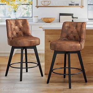 Cozyman Counter Height Bar Stools Set of 2, 26" H Modern Counter Stools with Back and Metal Round Footrest, Solid Wood Legs, Faux Leather Upholstered Barstools for Kitchen Island, Home Bar, Brown