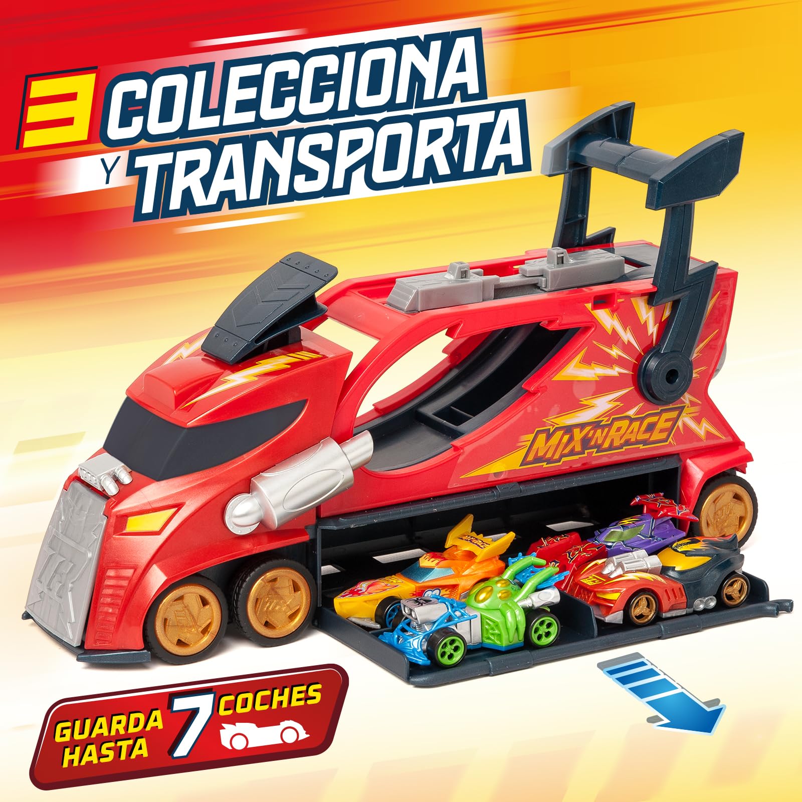 T-Racers Mix ´N Race Thunder Truck– Camión Lanzador con 3 acciones en 1. Incluye 1 vehículo T-Racer Mix ´N Race Exclusivo, Zona para Montar vehículos, Tirador para lanzarlos y Espacio para 7 Coches