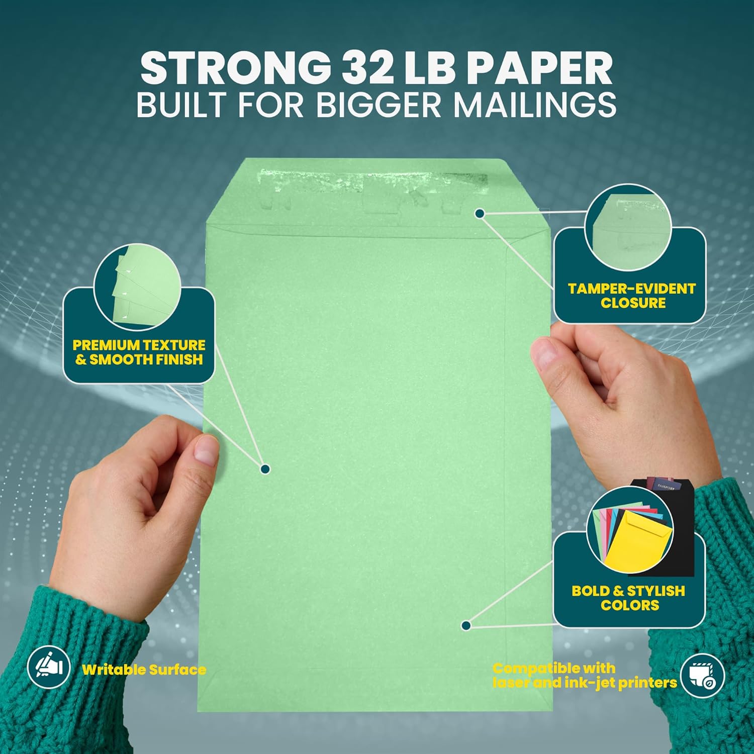 6x9 Green Envelopes Self Seal, 500/pack, Colored Envelopes Letter Size 6 x 9 inch, Open End Flap Style for Cards, Invitations, Holiday, Postcards, Gifts, for 5x7 Cards - 32lb Heavyweight Paper