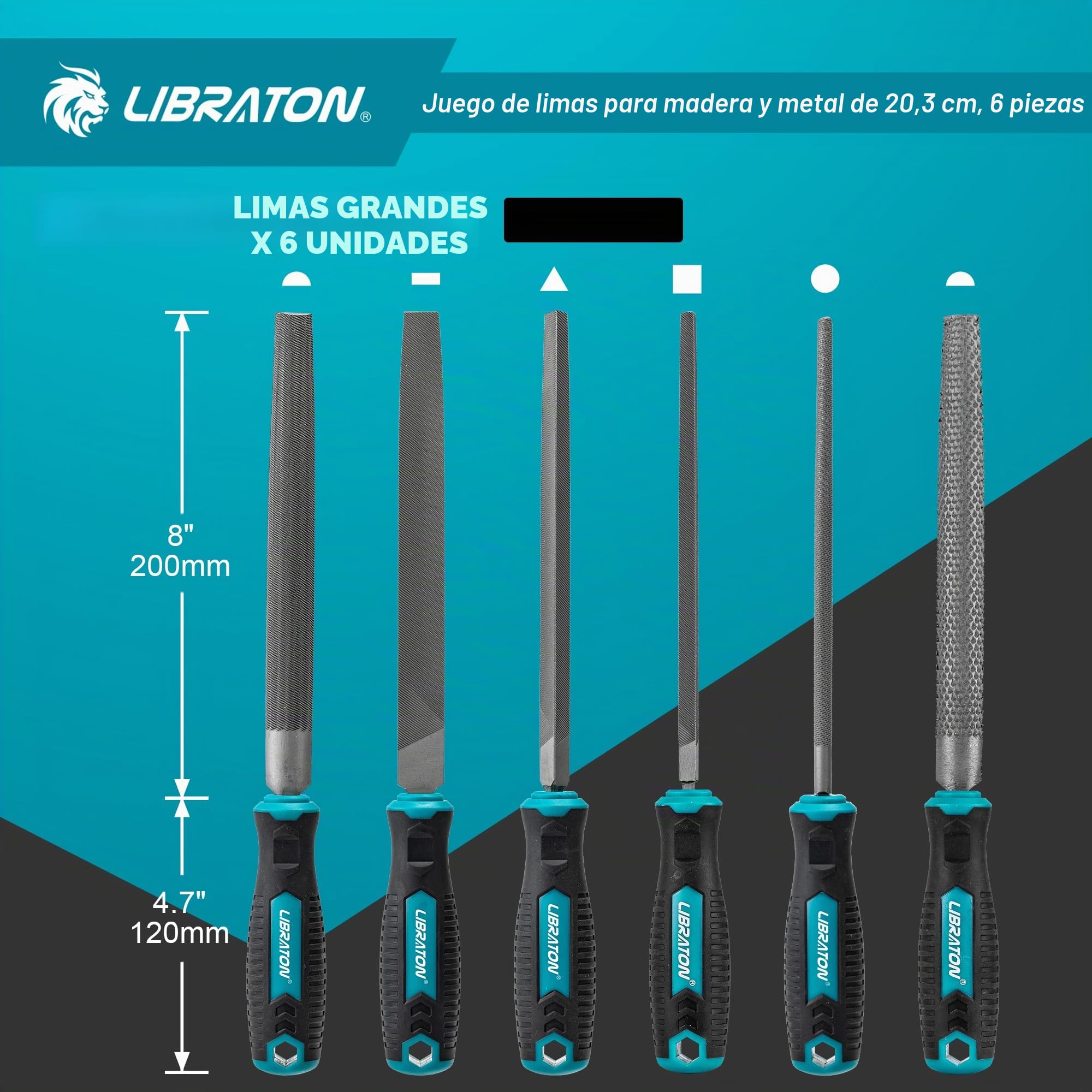 Libraton Limas de Metal, Limas para Metal de 6 Piezas, Limas de Acero con Alto Contenido de Carbono, Lima Metálica con Mango de Goma, Juego de Limas de 8 Pulgadas Incl 1 Escofina para Madera