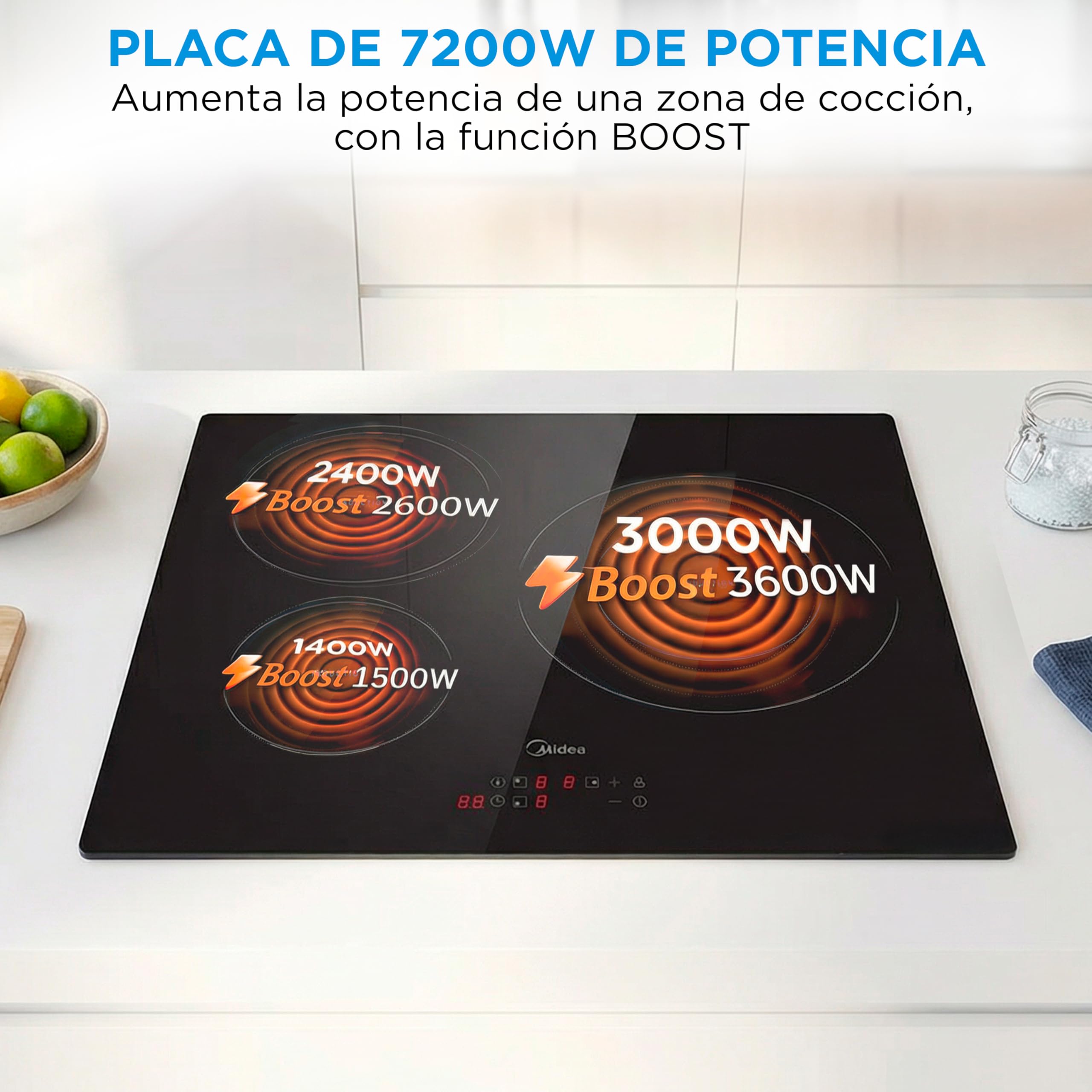 MIDEA Placa Inducción 3 fuegos 60 cm 7200 W - Vitroceramica Induccion Integrada con Panel de control tactil, Inverter quattro, 9 Niveles de Potencia, Booster, Indicador de Luz, y Temporizador.