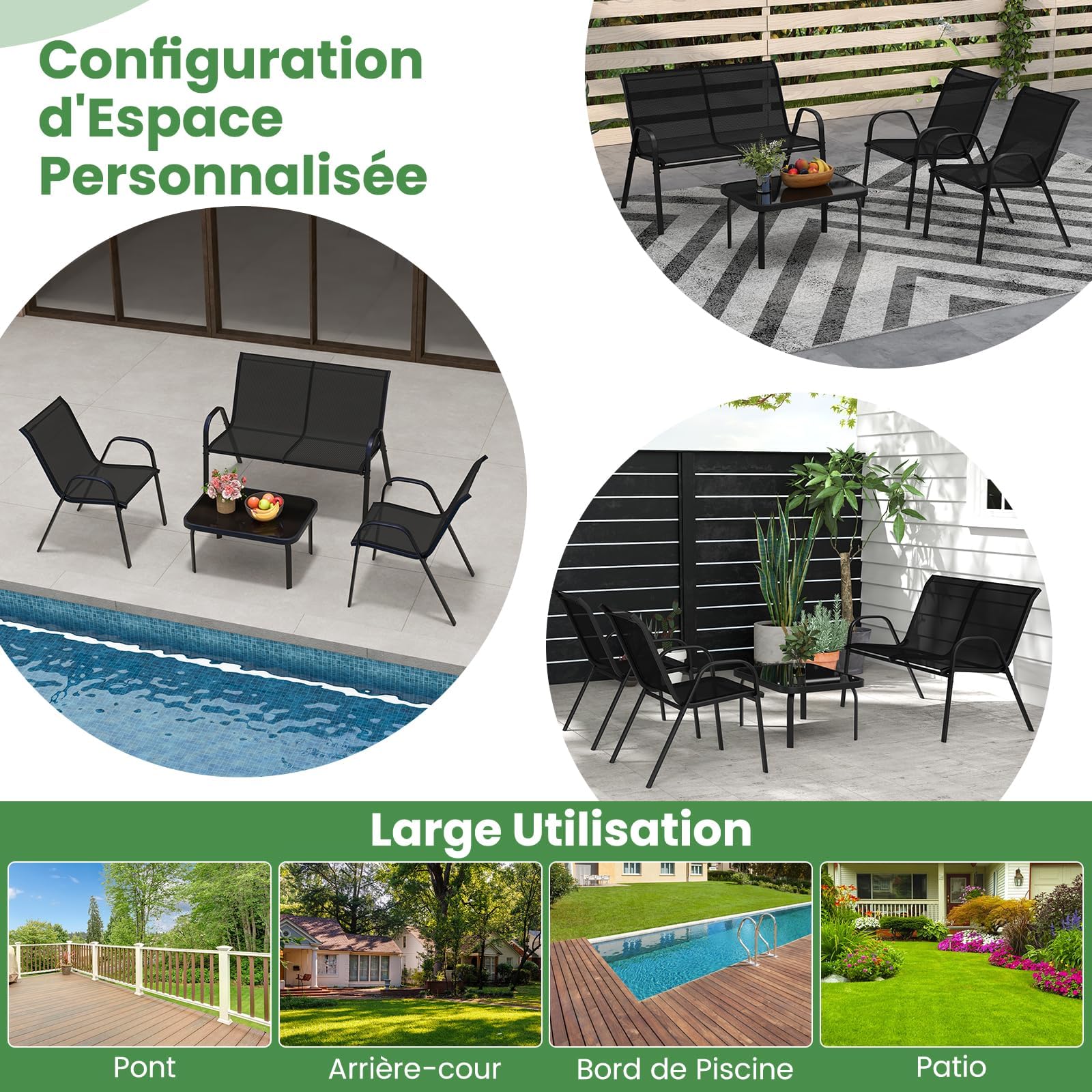 GOPLUS Salon de Jardin 4 Personnes Exterieur, 4 Pcs Canapé Exterieur avec Table Basse en Verre Trempée, 2 Fauteuils, Ensemble de Bistrot pour Terrasse,Balcon (Noir)