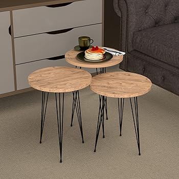 Set de 3 tables d'appoint gigognes en bois et m&eacute;tal