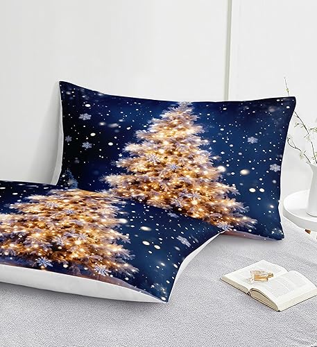 Miniatura 4 de Herside Juego de ropa de cama de árbol de Navidad, funda de edredón de Navidad, tamaño Queen, color dorado con estampado de árbol de Navidad en