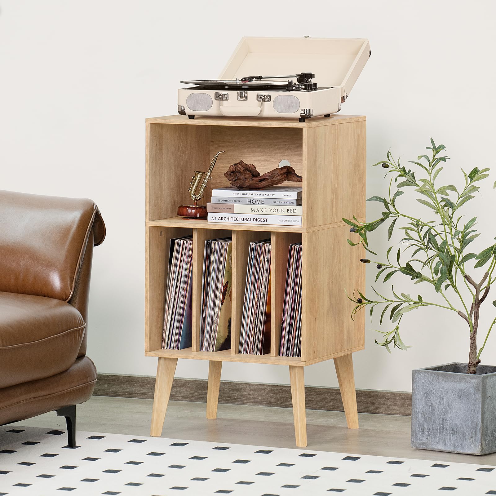 LELELINKY Support pour Tourne-Disque, Peut contenir jusqu'à 160 Albums, Support de Rangement en Vinyle Mid-Century avec Pieds en Bois, étagère pour Tourne-Disque, Table d'appoint Naturelle