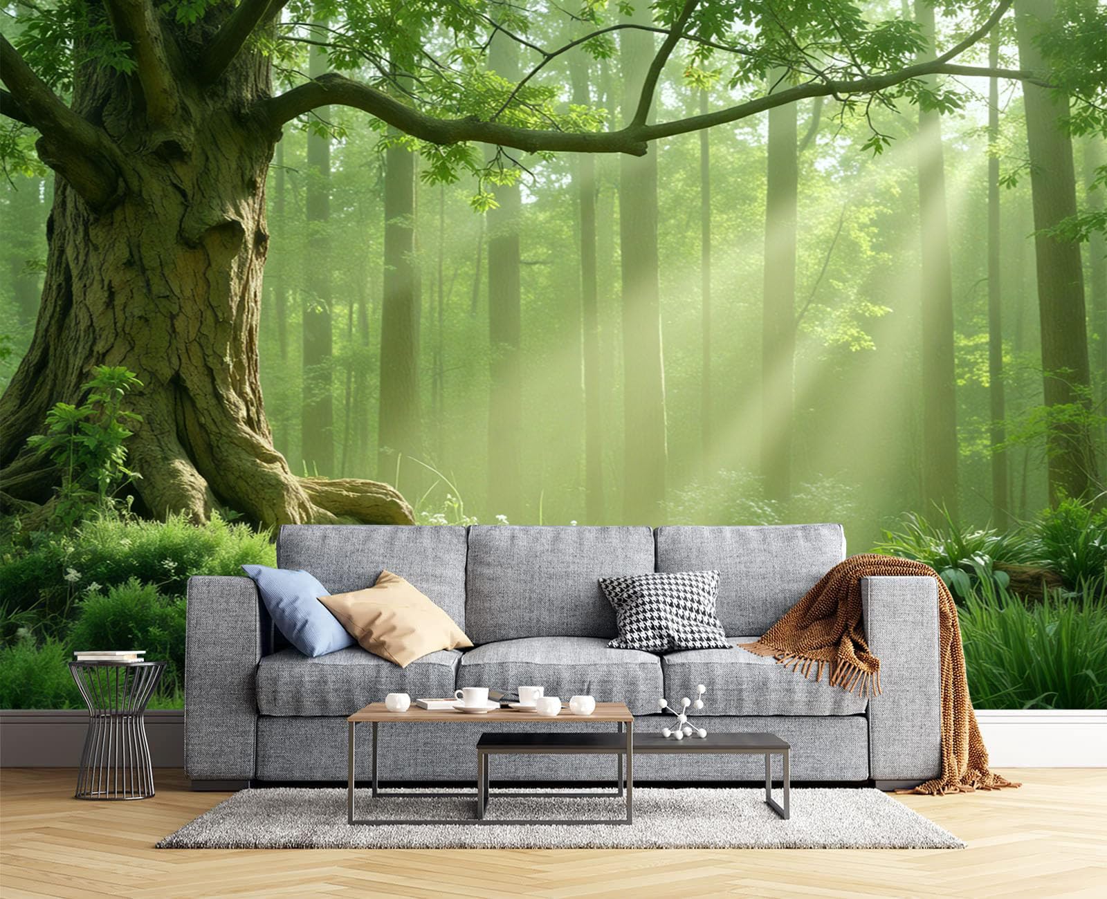 Papier Peint Forêt Vert Sauge pour illuminer un salon sombre 3D