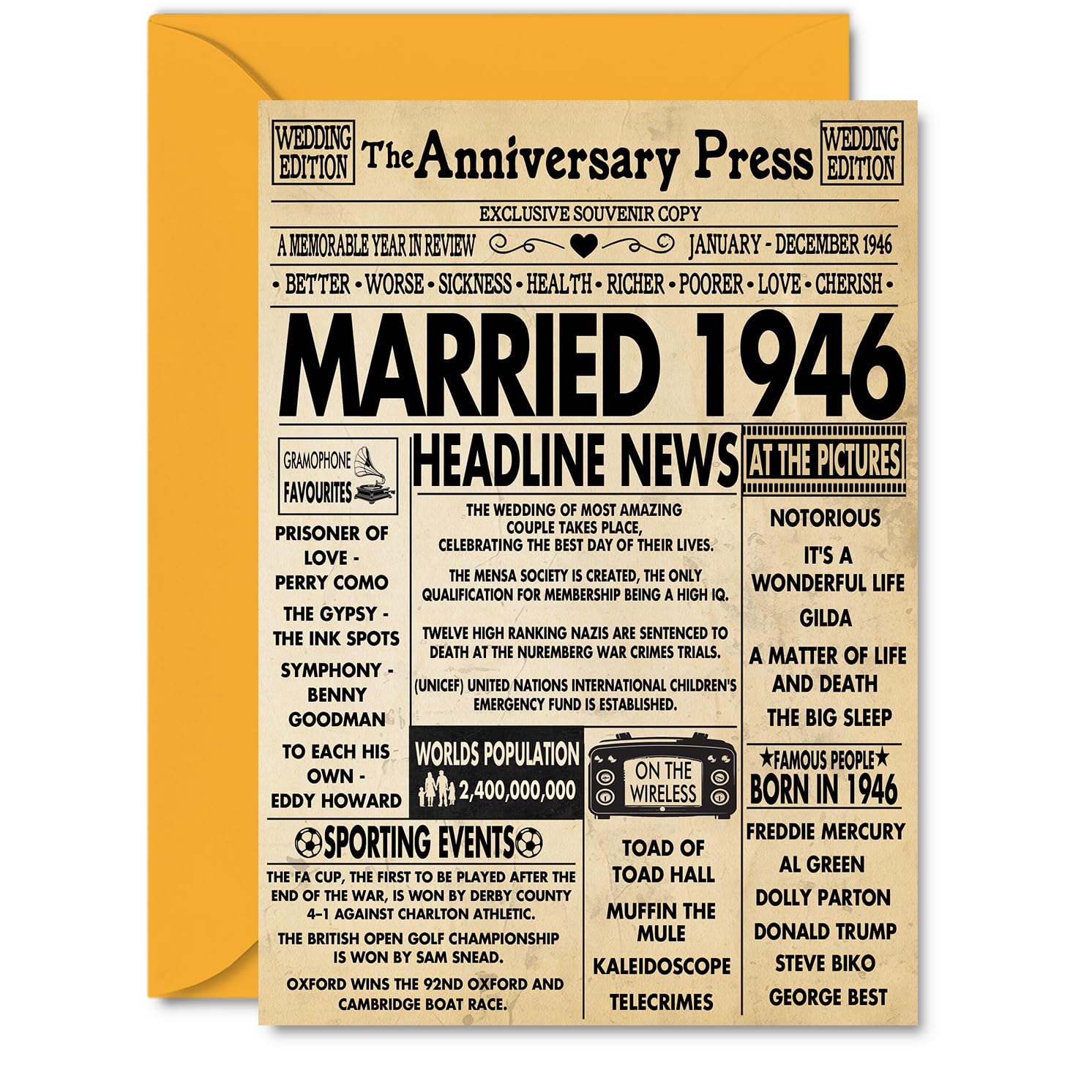 80th Anniversary Cards for Men Women - Married 1946 Newspaper - 80 Wedding Anniversary Card for Husband Wife Grandma Grandad Nan Vintage Retro 1946, A5 Greeting Cards