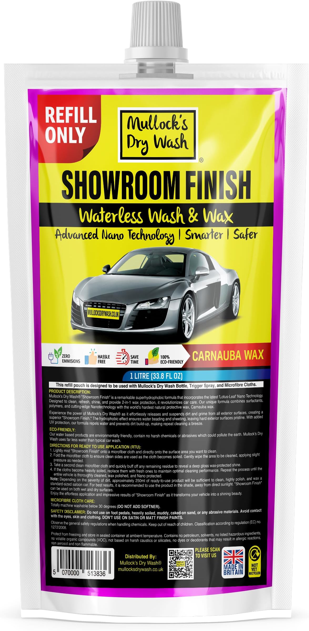& Wax Spray - Waterless Car Wash Cleaner with Carnauba Nano Wax Technology for a Showroom Finish - Eco-Friendly $ Easy to Use (Refill Pouch)