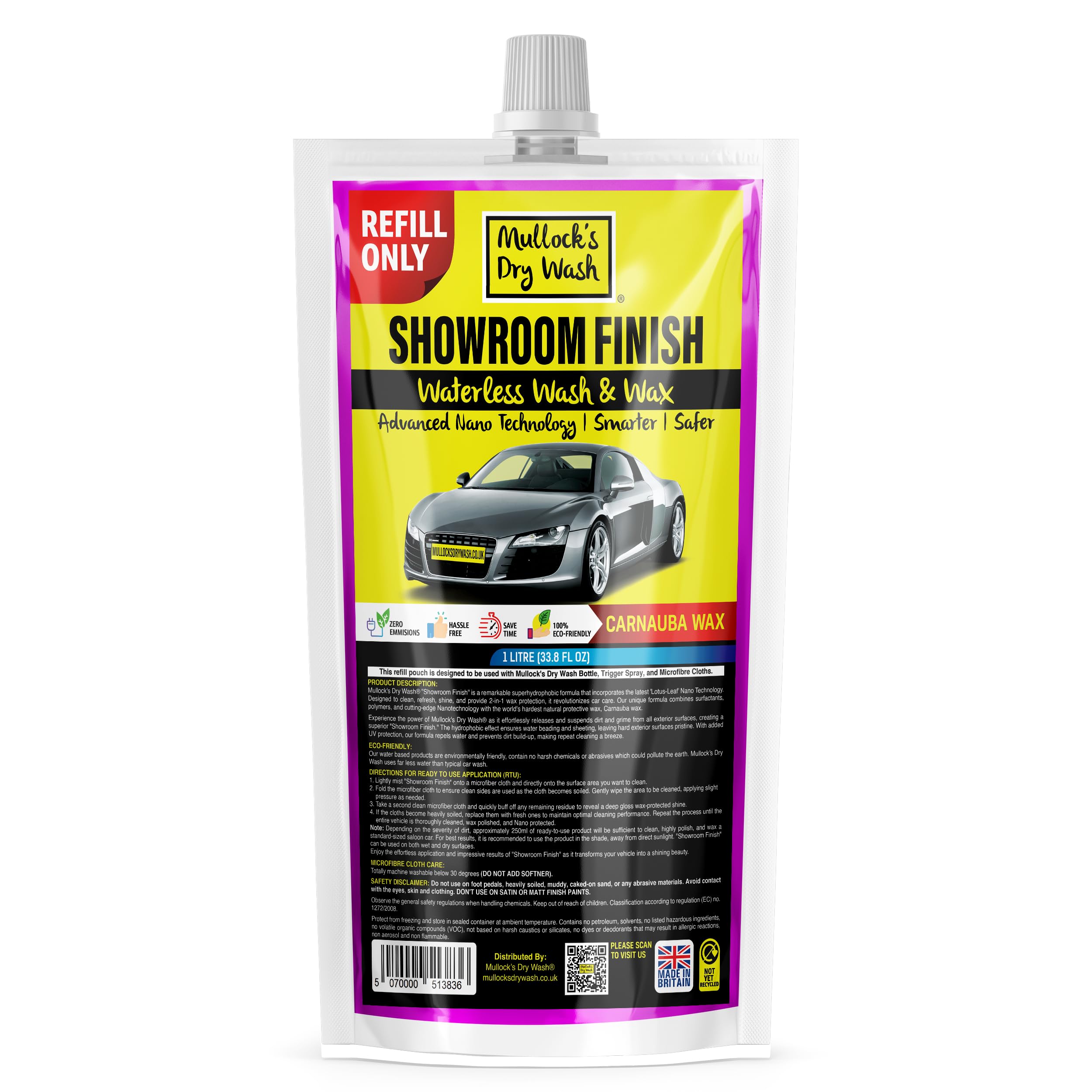 Mullock's Dry Wash & Wax Spray - Waterless Car Wash Cleaner with Carnauba Nano Wax Technology for a Showroom Finish - Eco-Friendly $ Easy to Use (Refill Pouch)