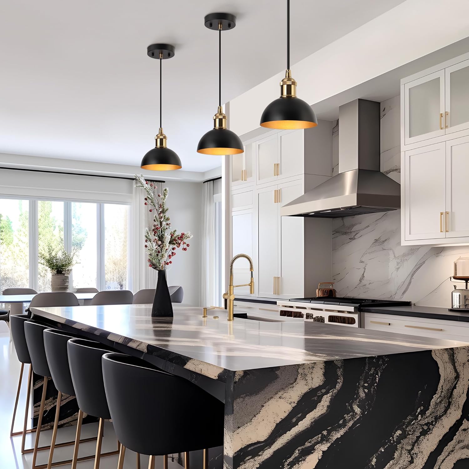 KSANA Black and Gold Pendant Light, Mid-Century Modern Ceiling Hanging Light Fixture, Adjustable Kitchen Island Pendant Light Fixtures for Dining Room, Hallway, Foyer, Bedroom